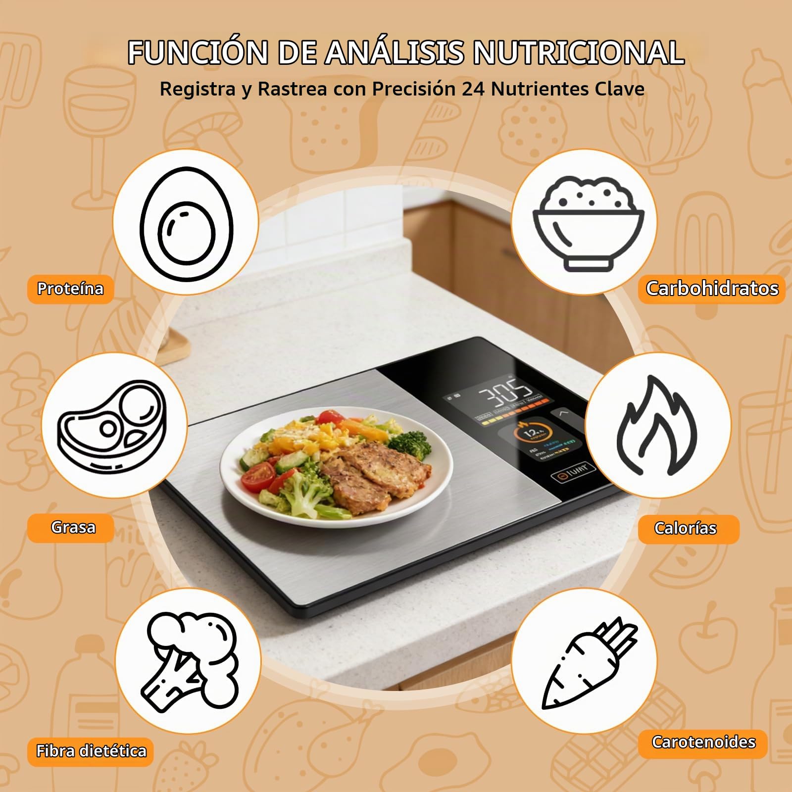 Báscula de cocina, báscula nutricional inteligente con cálculo nutricional, báscula de cocina inteligente con 24 análisis nutricionales, báscula de cocina con aplicación gratuita y Bluetooth, admite
