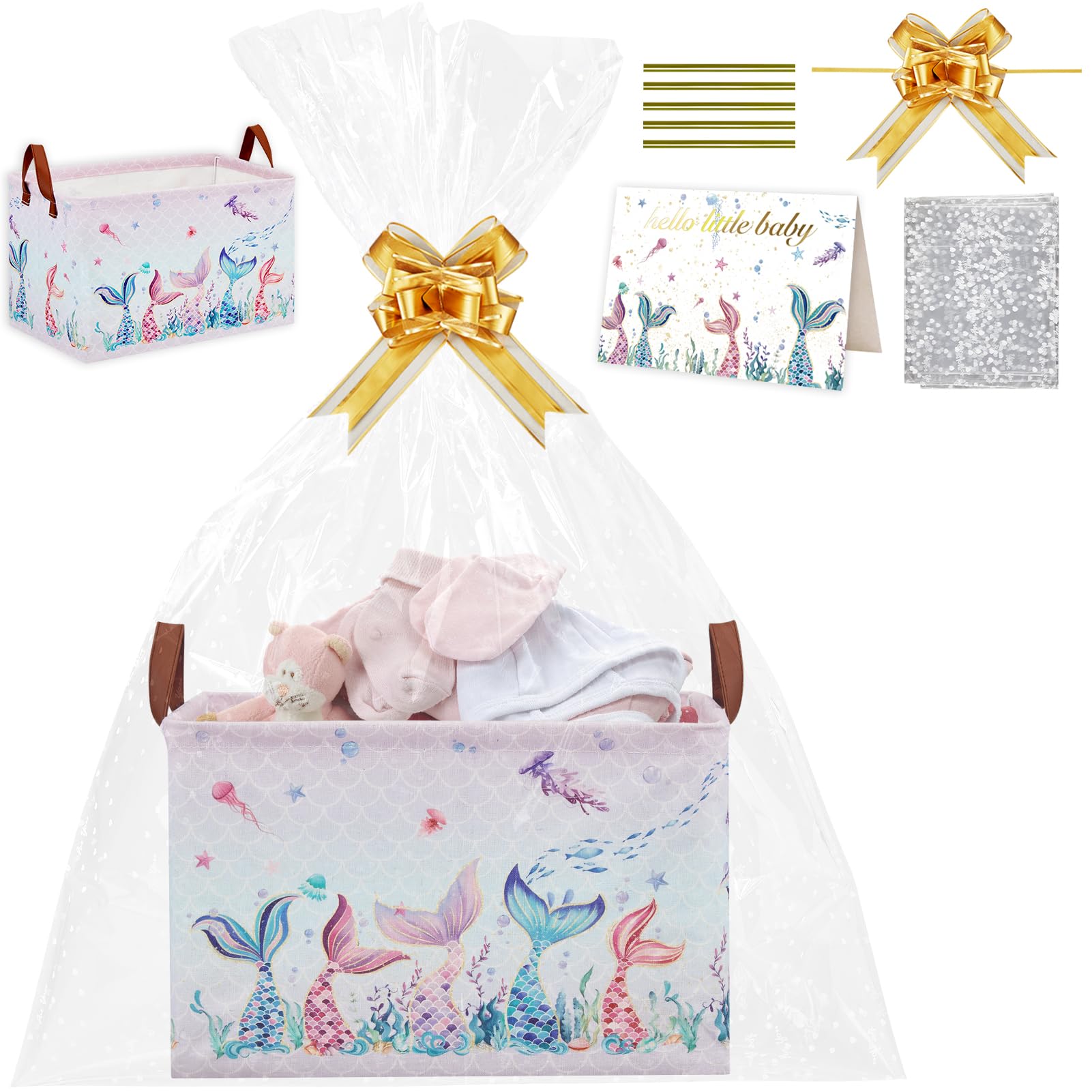 Pink Mermaid Baby Gift Basket with Gift Bags, Greeting Card and Ribbons Girl Storage Diaper Bag Baskets for Gifts Empty Toy Bin with Handles for Baby Shower Birthday Party(Mermaid Pink)