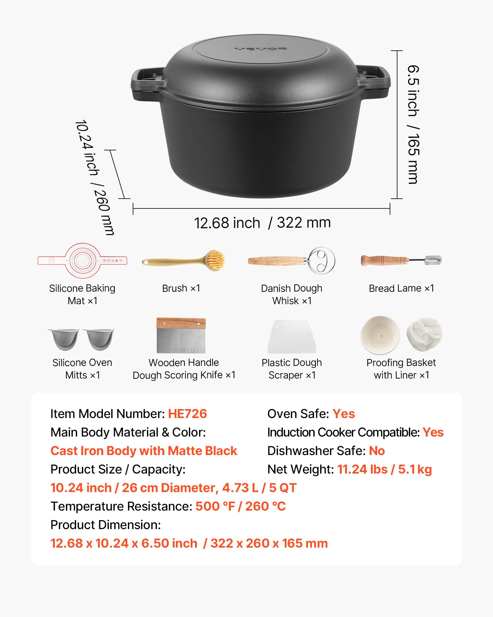 VEVOR Żeliwny piec holenderski, 2 w 1 wstępnie przyprawiony garnek z pokrywką patelni, patelnia 5QT z koszem zabezpieczającym, akcesoria do pieczenia chleba, kompatybilny z piecem chlebowym, 260.0 °C