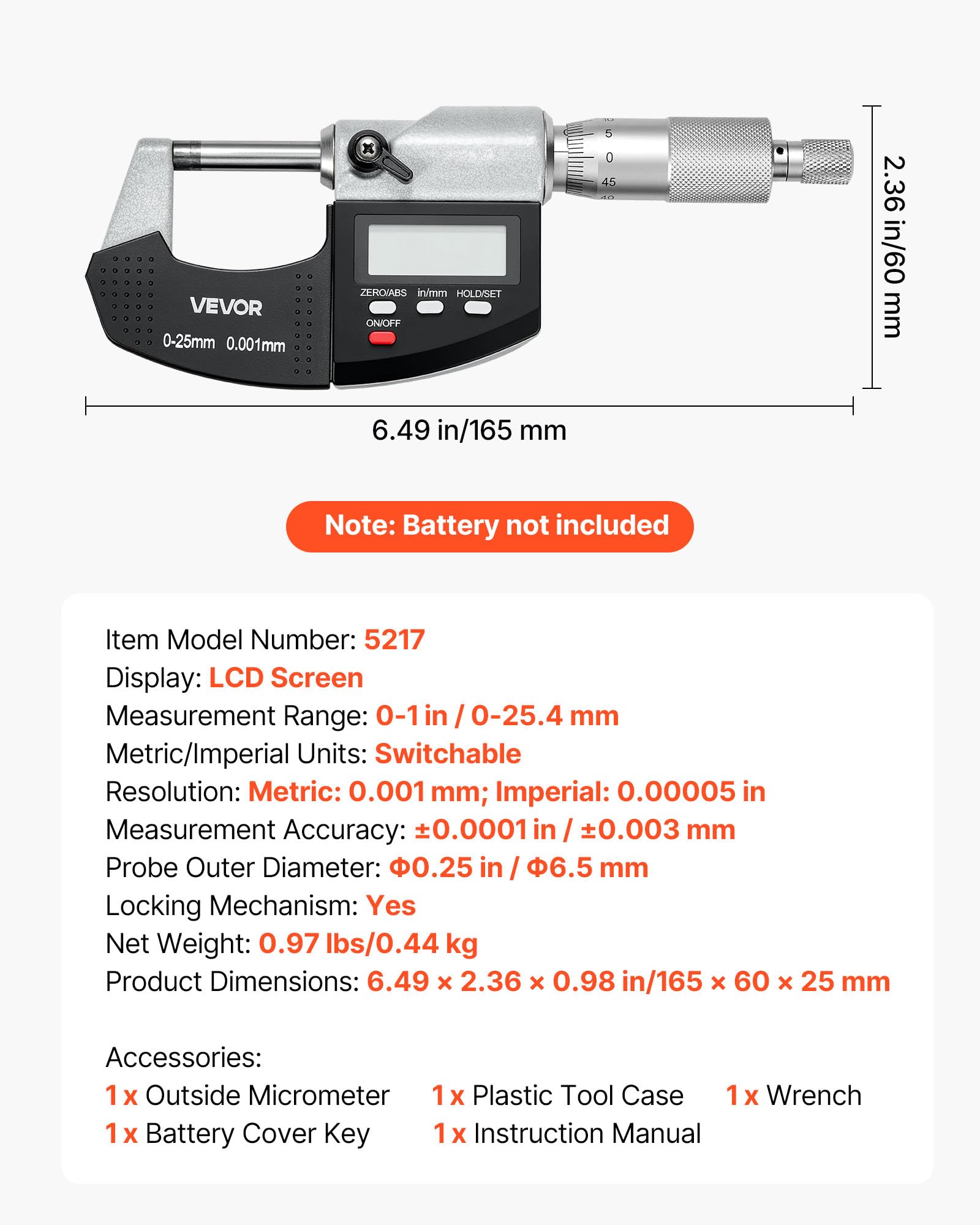 VEVOR Micrómetro Digital para Exteriores, Rango de Medición 0 a 25,4 mm, Resolución 0,001 mm, Precisión Ultrarrápida de 0,0001, Pantalla LCD, Punta de Carburo y Estuche Protector, 165 x 60 x 25 mm
