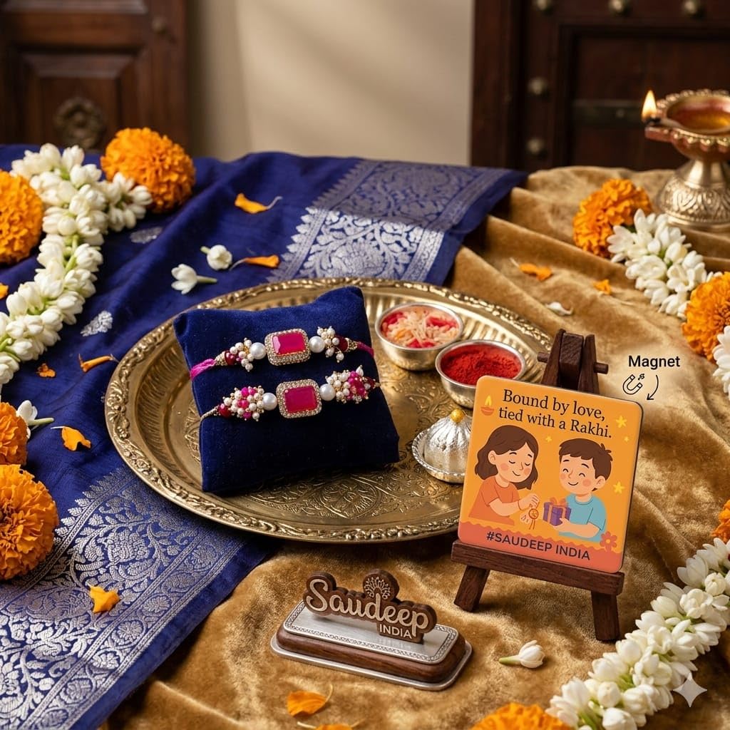 SAUDEEP INDIA Decorative Fridge Magnet for Refrigerator Decor | Lumba Rakhi Set for Bhaiya Bhabhi | Raksha Bandhan Gift Combo | Cotton Thread Rakhi Festive Gift Home Decor(Megenta)