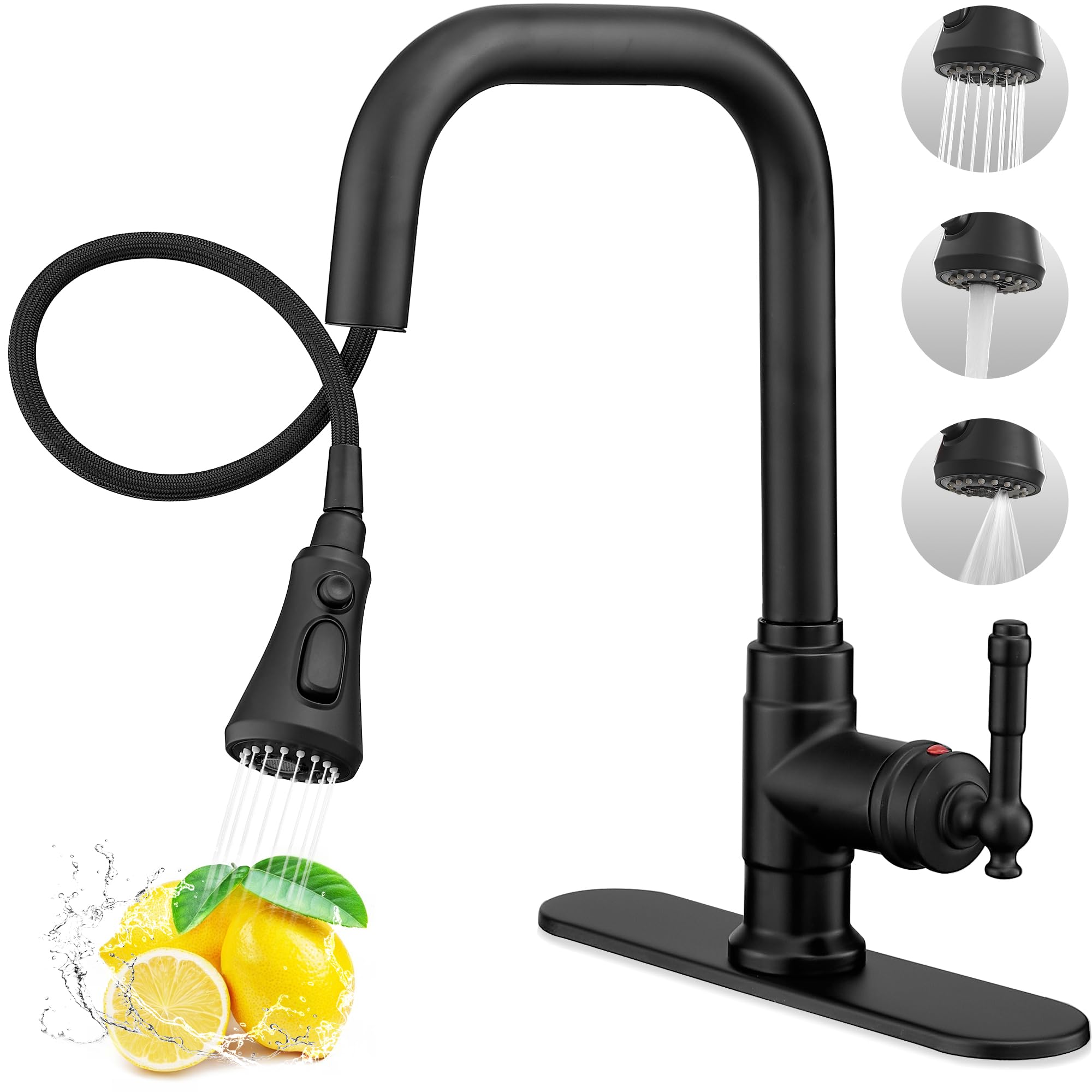 Grifo de fregadero de cocina negro de 3 funciones, grifos de cocina con pulverizador extraíble, grifo de cocina giratorio de 360 grados, grifo de cocina de 3 agujeros, grifo de cocina de un