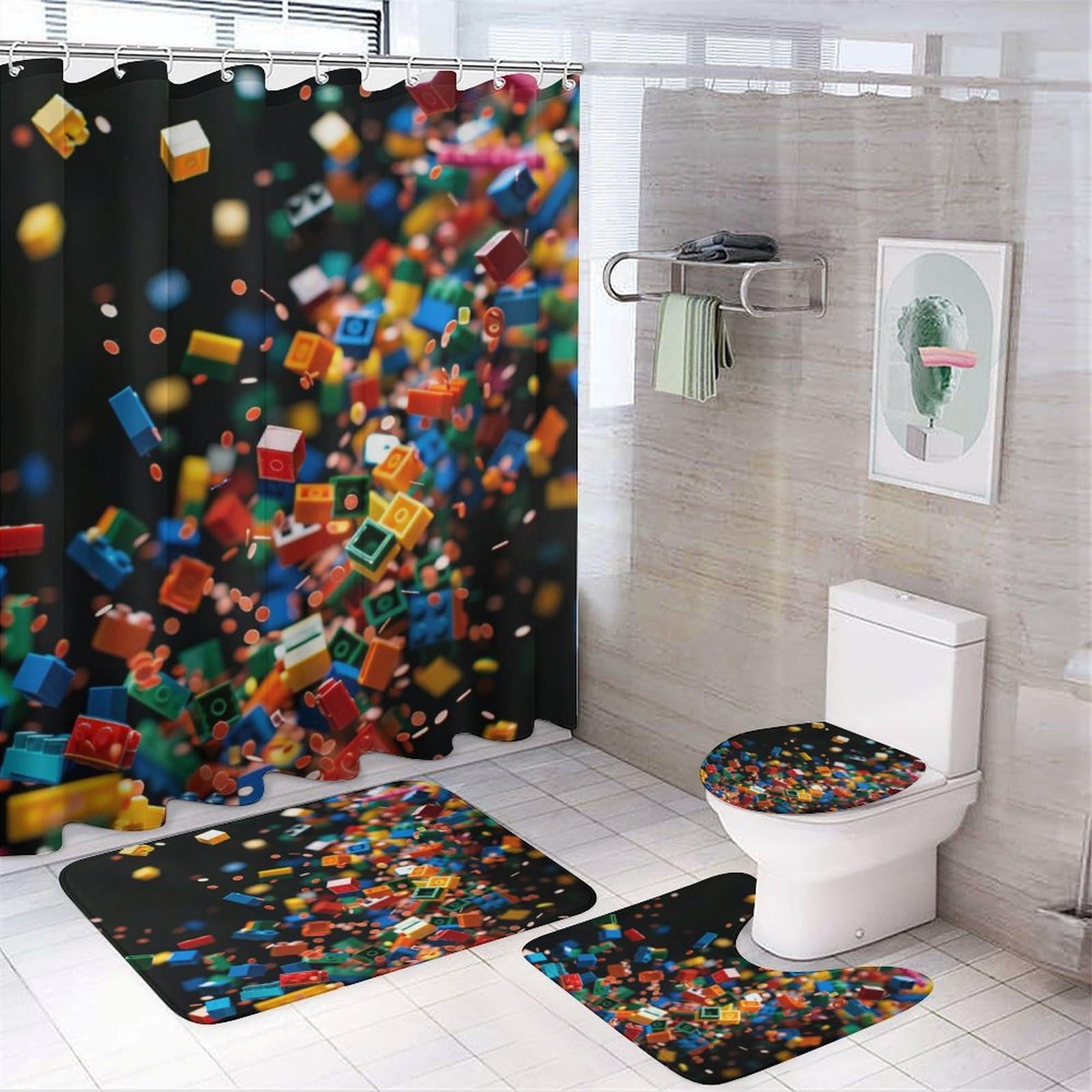 DIPQIMI 4Pcs Watercolor Building Block Shower Curtain Sets with Rugs, Toilet Lid Cover and Bath Mat, Geometric Brick Bathroom Shower Curtains Set with