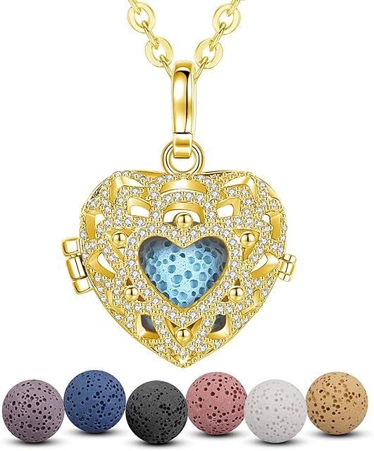 INFUSEU Aromatherapy Aroma Diffuser Chain, Heart Shaped Silver Plated Women Fragrance Stone Necklace Classic Pendant Meditation Chain Mood Chain Lava Stone Diffuser Women Jewelry