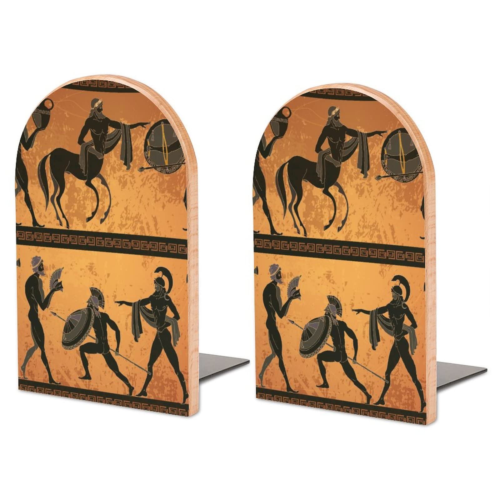 Lurnise Multi9 Pack Of 2 Bookend Greece Black Figure Pottery Ancient Greek Mythology Centaur Non-Slip Book Stand Wooden Bookshelf Books Holder For Home Desk Office Library