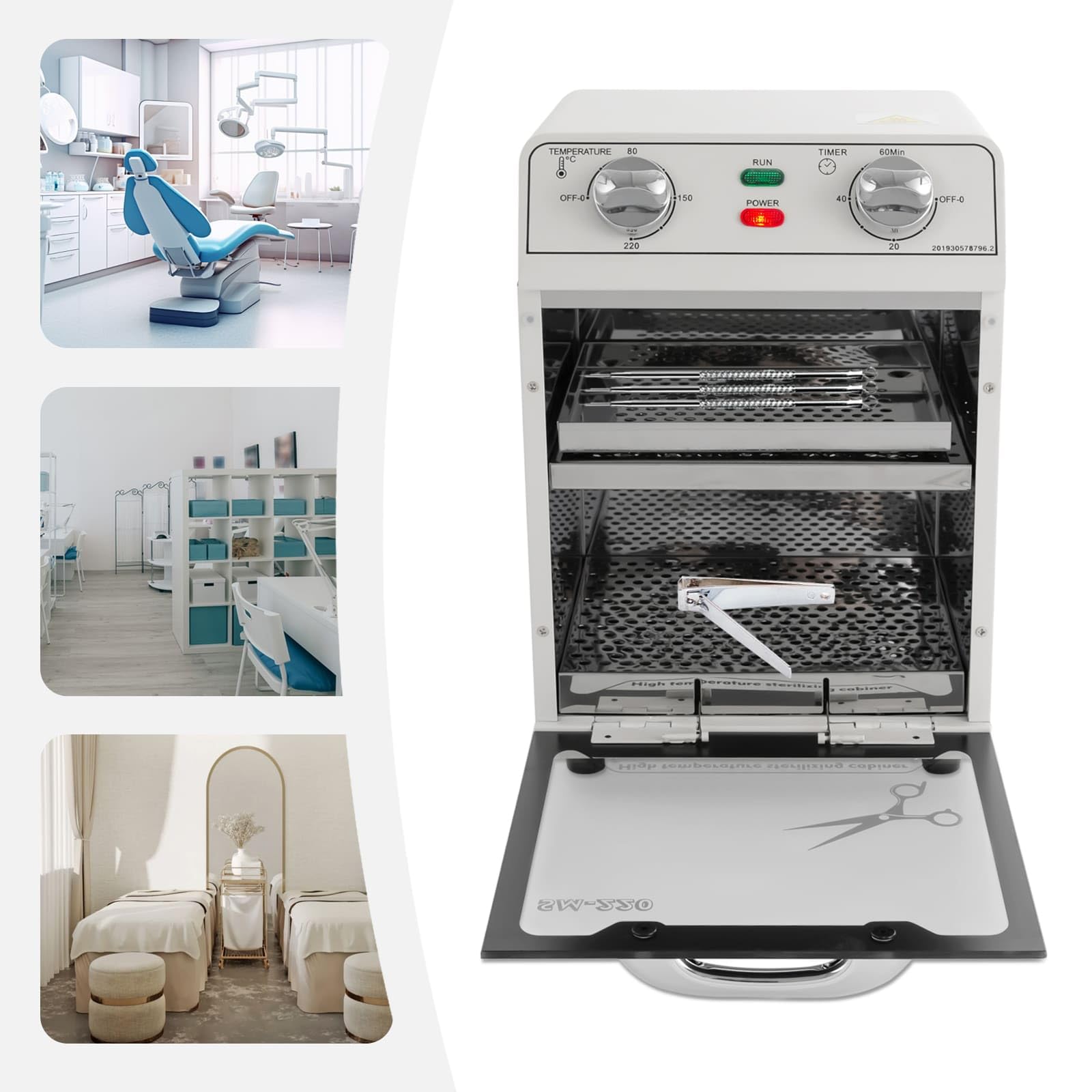 Stérilisateur Haute Température 220 °C Maximale, 8L, Avec Contrôle de la Température et Minuterie 0 à 60 min, Pour Couverts en Inox, Outils de Manucure, Matériel de Coiffure, Blanc