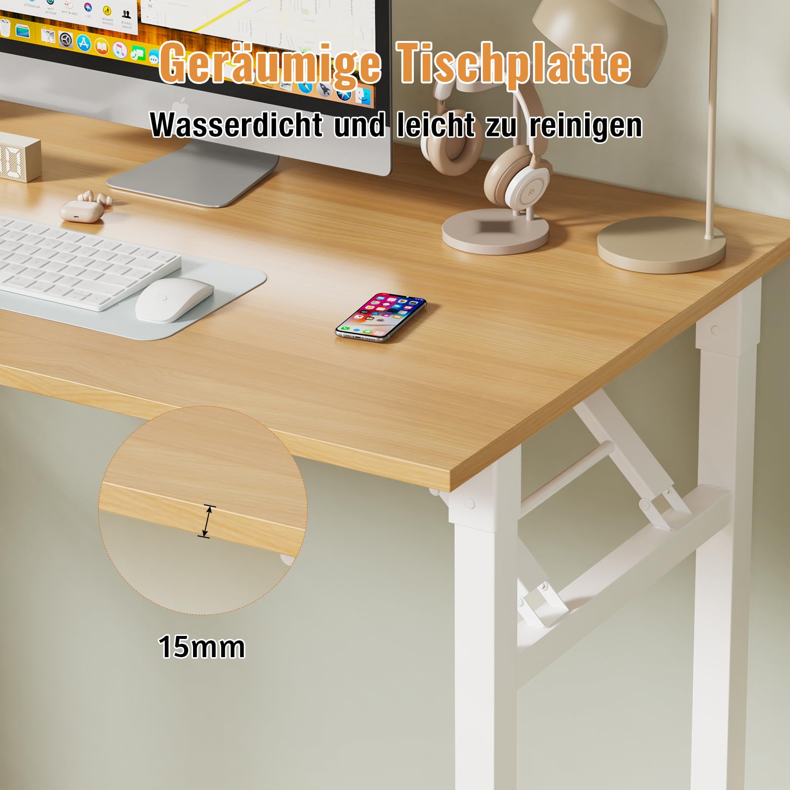 100x50cm Schreibtisch Klappbar, Klappbarer Schreibtisch Kleiner, Computertisch Mit Integrierter Ladestation, Platzsparend, Laptoptisch Klappbar fürs Büro, Homeoffice. (Eiche, 100x50x76cm)