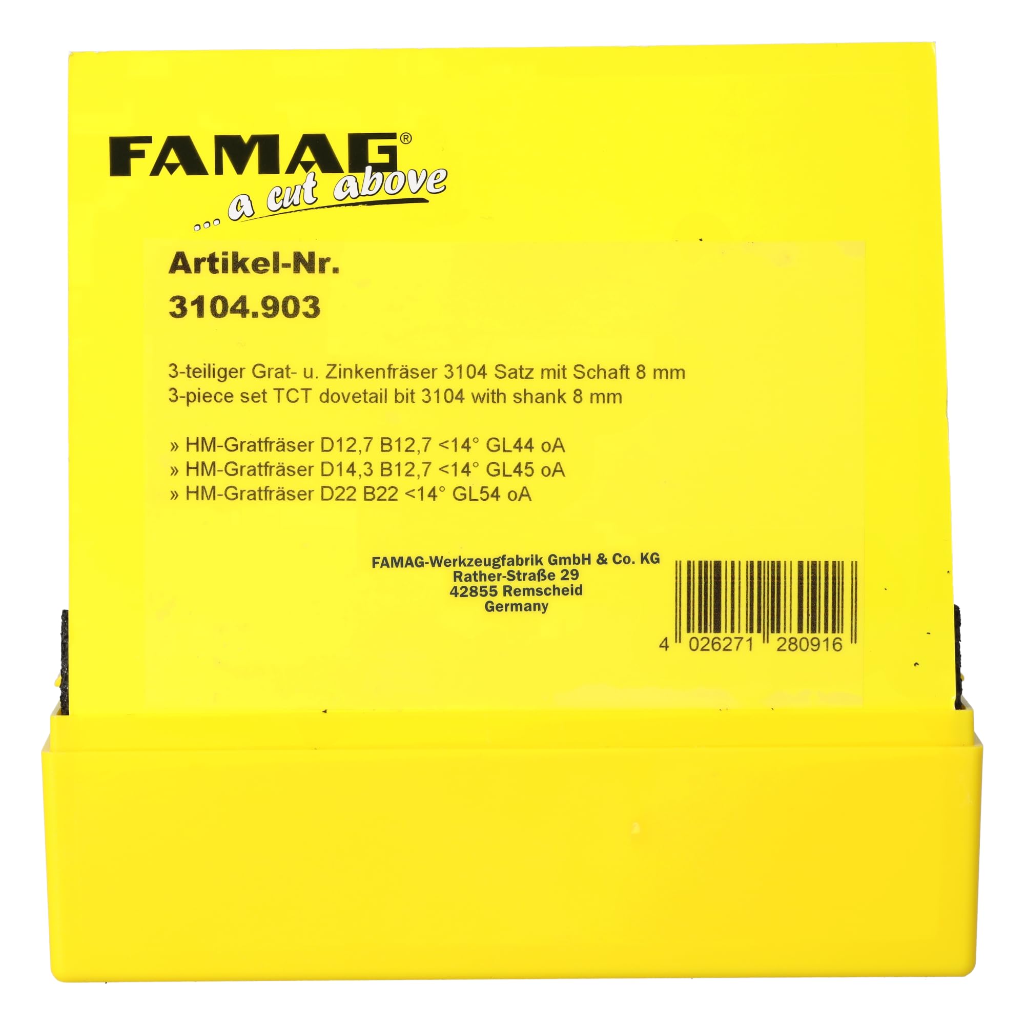 FAMAG Set di frese per denti | 3 pezzi: 12,7 x 12,7 mm, 14,3 x 12,7 mm e 22 x 22 mm, per scanalature di collegamento e scanalature, 2 tagli HM con angolo di 14° | scatola di plastica | 3104.903
