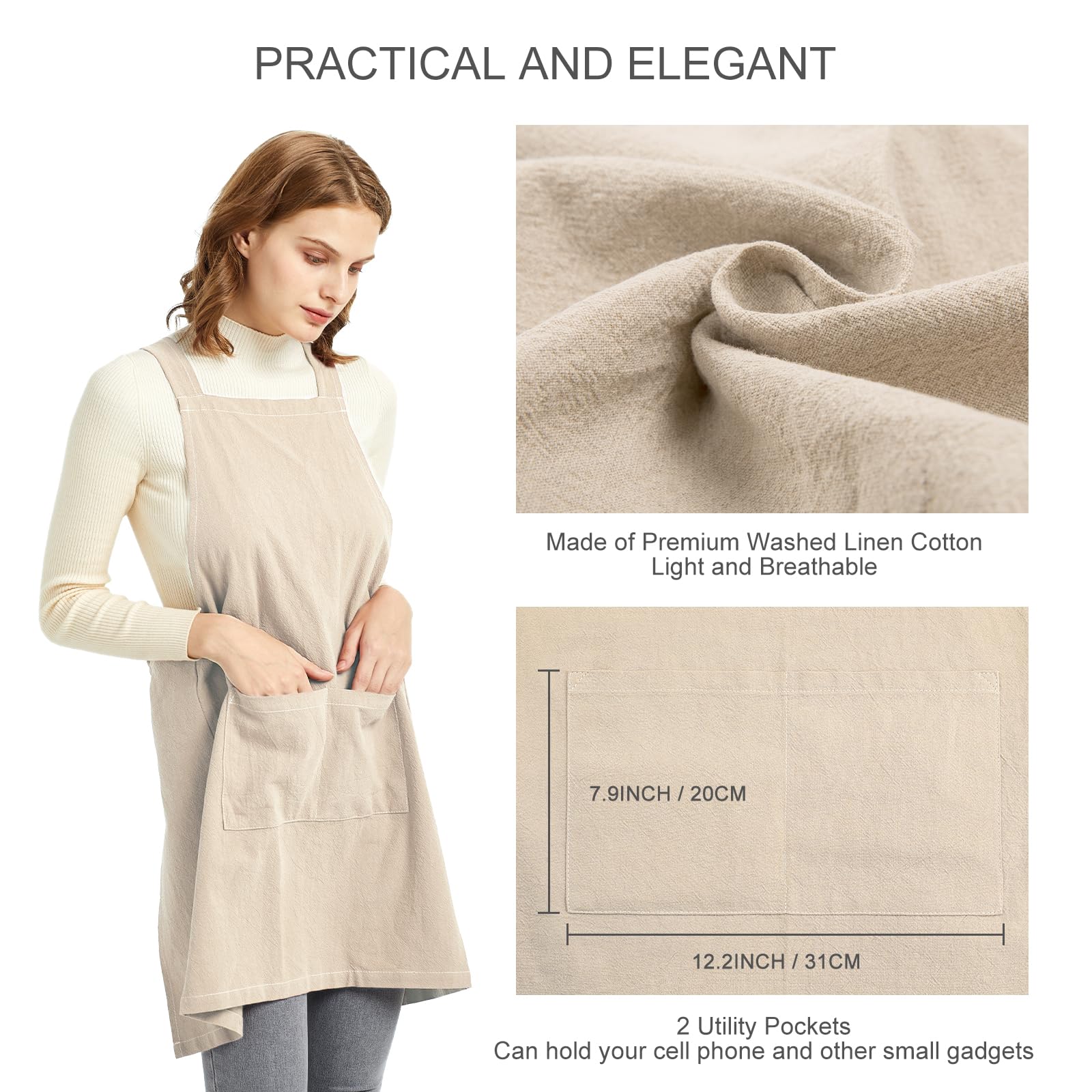 Elezay Delantal cruzado con bolsillos para cocina, cocina, cocinero, panadería, babero, algodón y lino, pequeño
