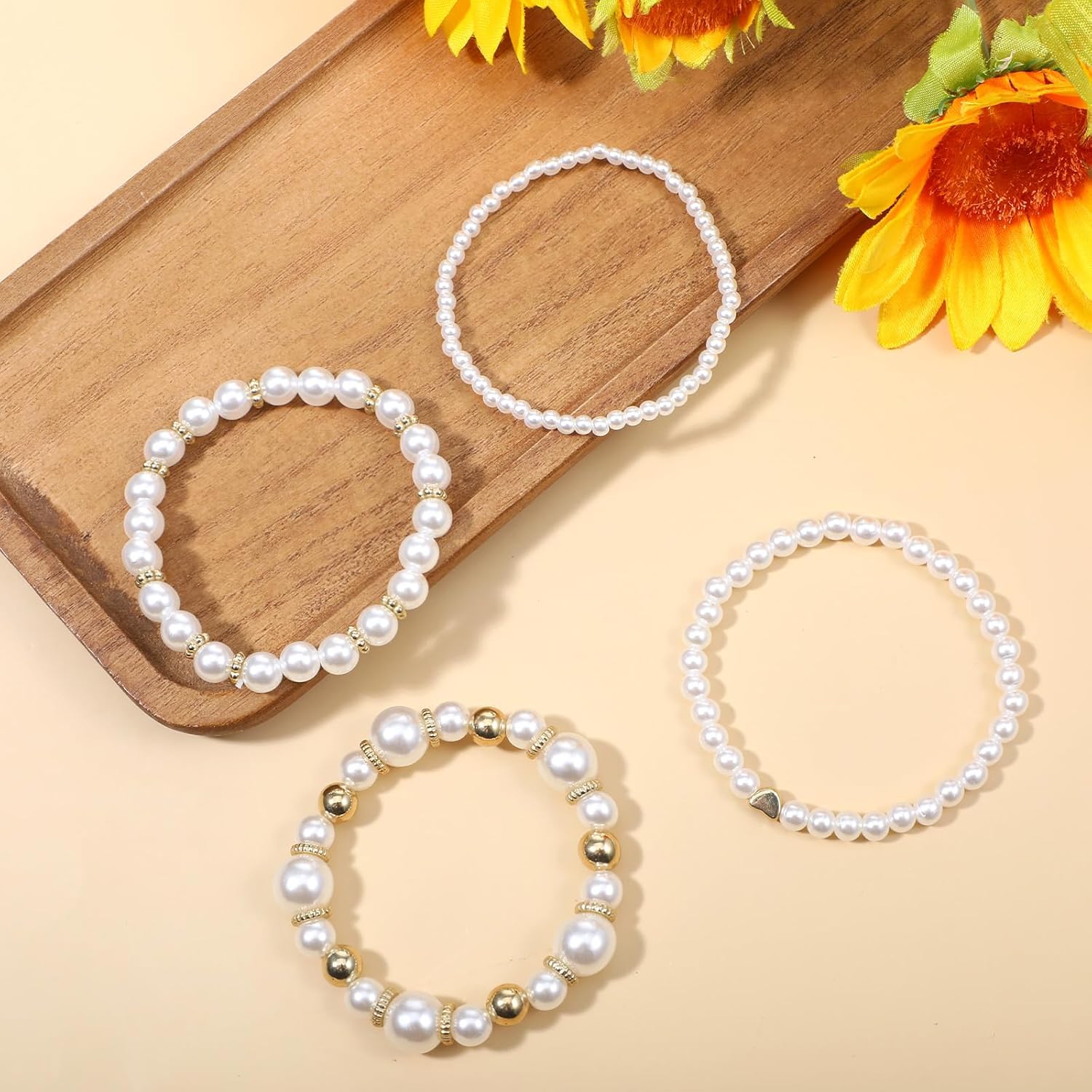 Pearl Bracelets for Women, 4 PCS Chunky Simulated Pearl Bracelet Stack, Stackable Stretch Bracelets Multilayered Beaded Ball Pearls Bangles Pearls Accessories for Women Bridal Wedding Jewelry - Image 5