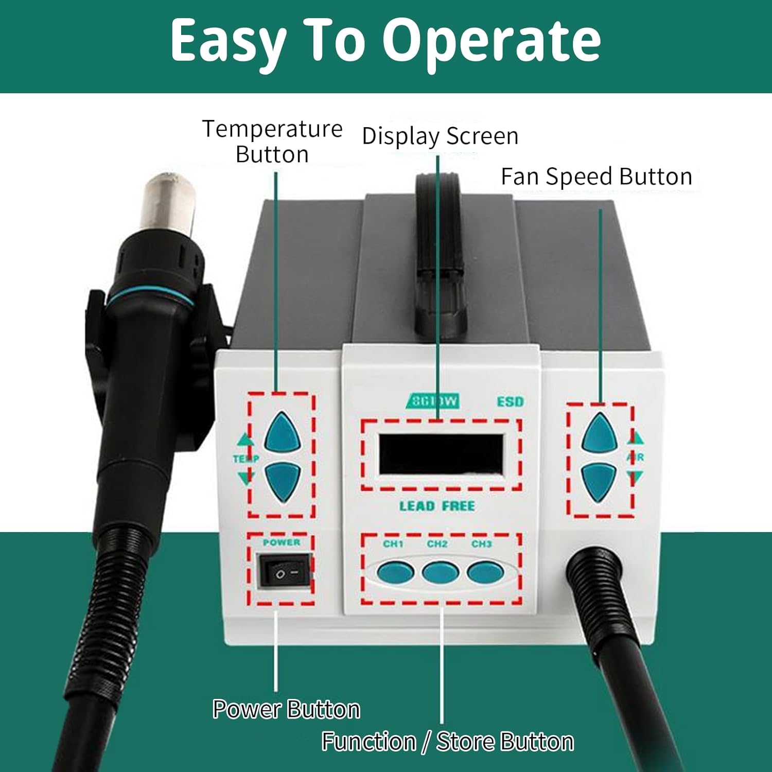861DW Hot Air Rework Station, 1000W Hot Air Gun Soldering Station with 7 Air Nozzles, Professional Soldering Station with LCD Display, Channel Station for Efficient PCB Repair & Desoldering