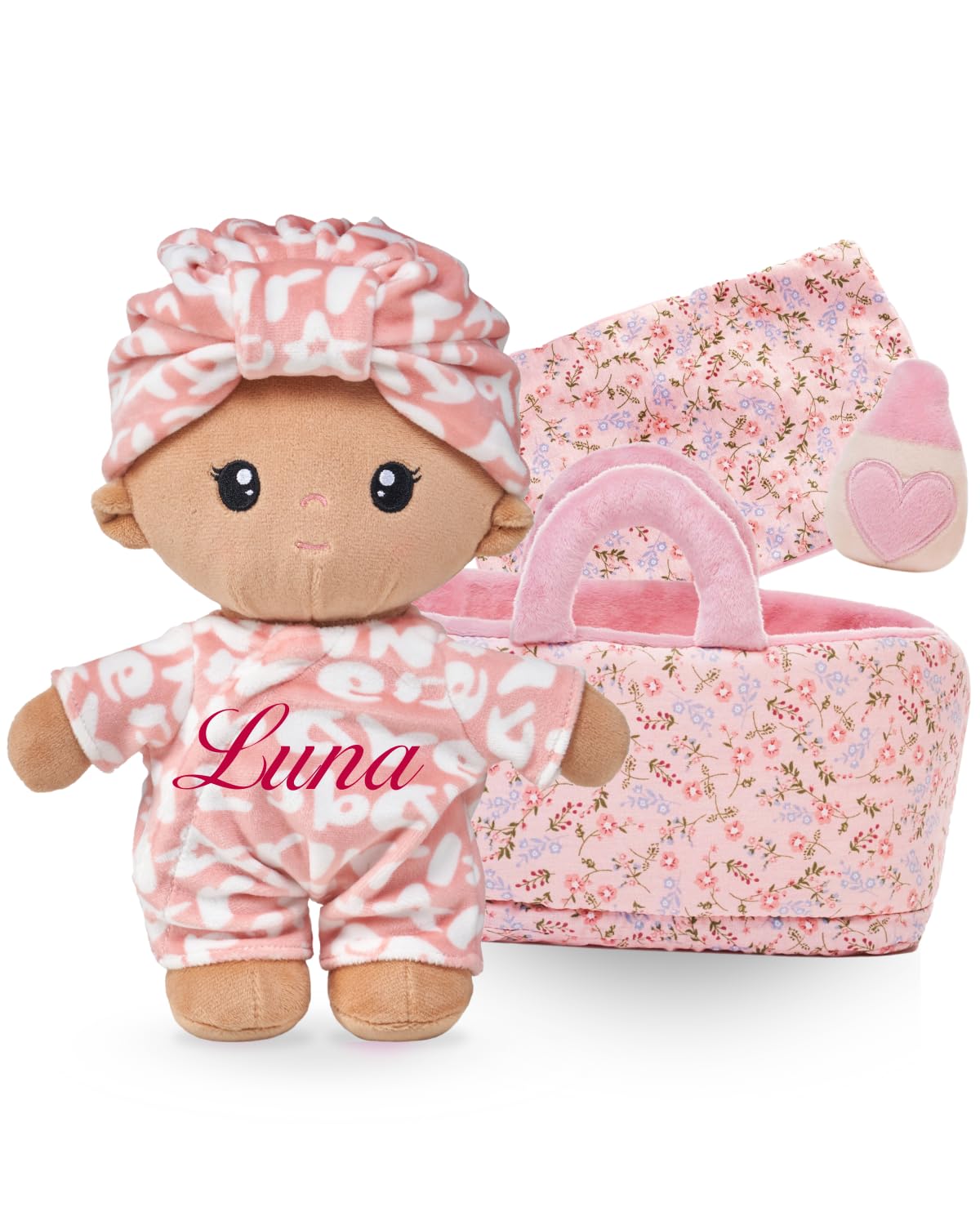 LeyaDoll Soft Baby Doll Set for Toddlers - Personalized Plush Doll Toys with Bassinet, Blanket and Bottle, First Baby Doll Accessories (9'') for Pretend Play and Sleeping Cuddle-Pudding Baby-Tanned