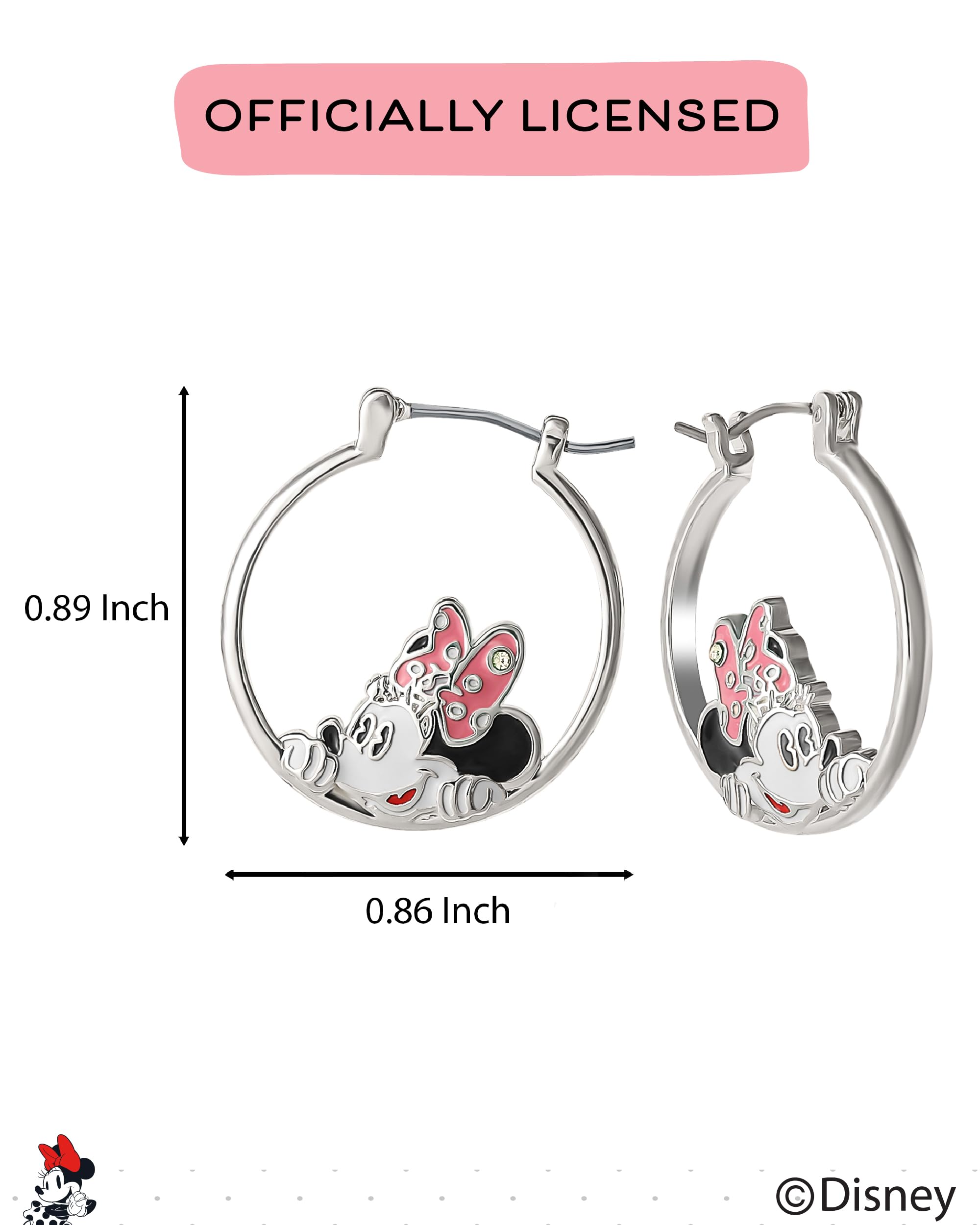 Minnie Mouse Earrings for Women Official License - Silver Flash-Plated Brass Minnie Head Hoop Earrings with Crystal Accent