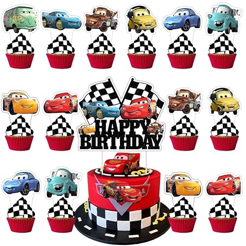 25 Pcs Cake Topper and Cupcake Toppers Set Birthday Party Supplies for Cars Themed Birthday Decorations