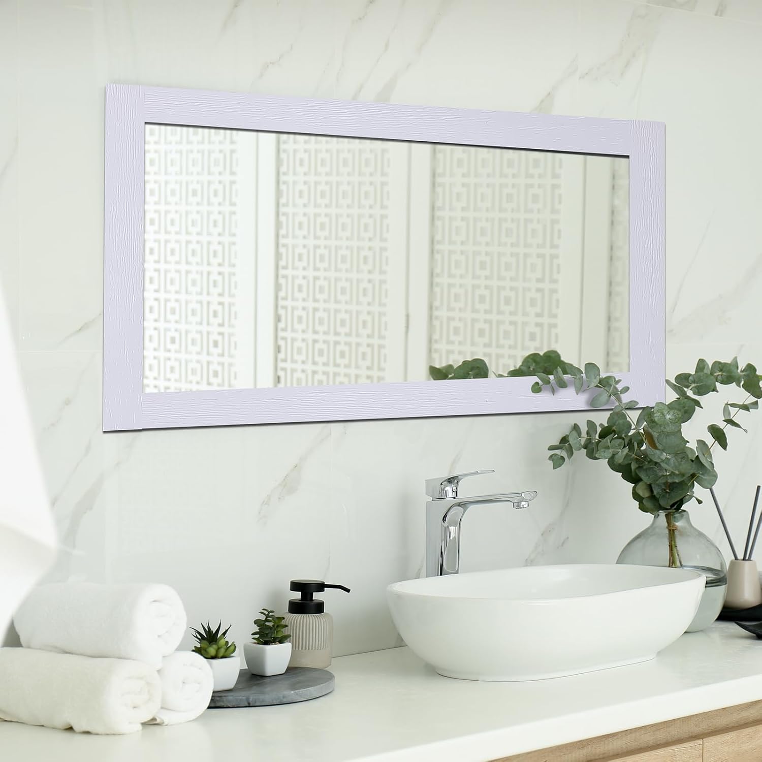 Dunzoom 15m White Wood Grain Border Wall Decor Peel & Stick Removable PVC Waterproof Bathroom Mirror Frame Border Kitchen Sticker Trim 49 ft x 4"