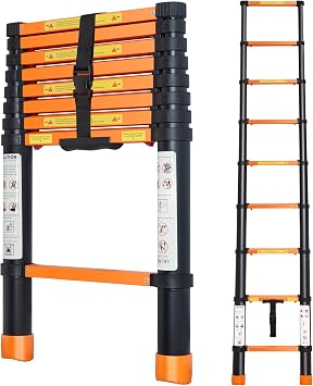 8.53FT Telescoping Ladder, Aluminum Lightweight Multi-Purpose Collapsible Extension, One-Touch Retraction Ladder,330lbs Load Capacity & Non-Slip Feet, for Home Orange, 8.53 FT One-Button
