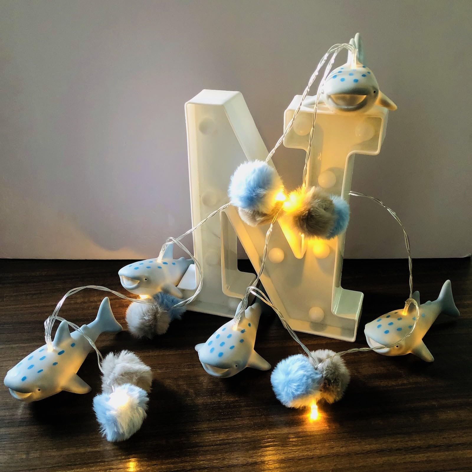 Riaxuebiy Cute Long Shark Hairball LED String Light Children’s Bedroom Shark Pompoms Ball Fairy Lights Battery Operated Shark Night Light 10 Warm White LEDs Timer (Long Shark)