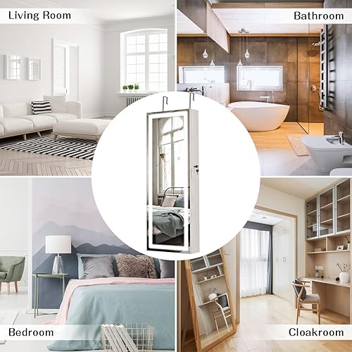 Miniatura 8 de Byroce - Armario de joyería con cerradura con espejo de longitud completa y 2 luces LED armarios de joyería montados en puerta de pared para mujer