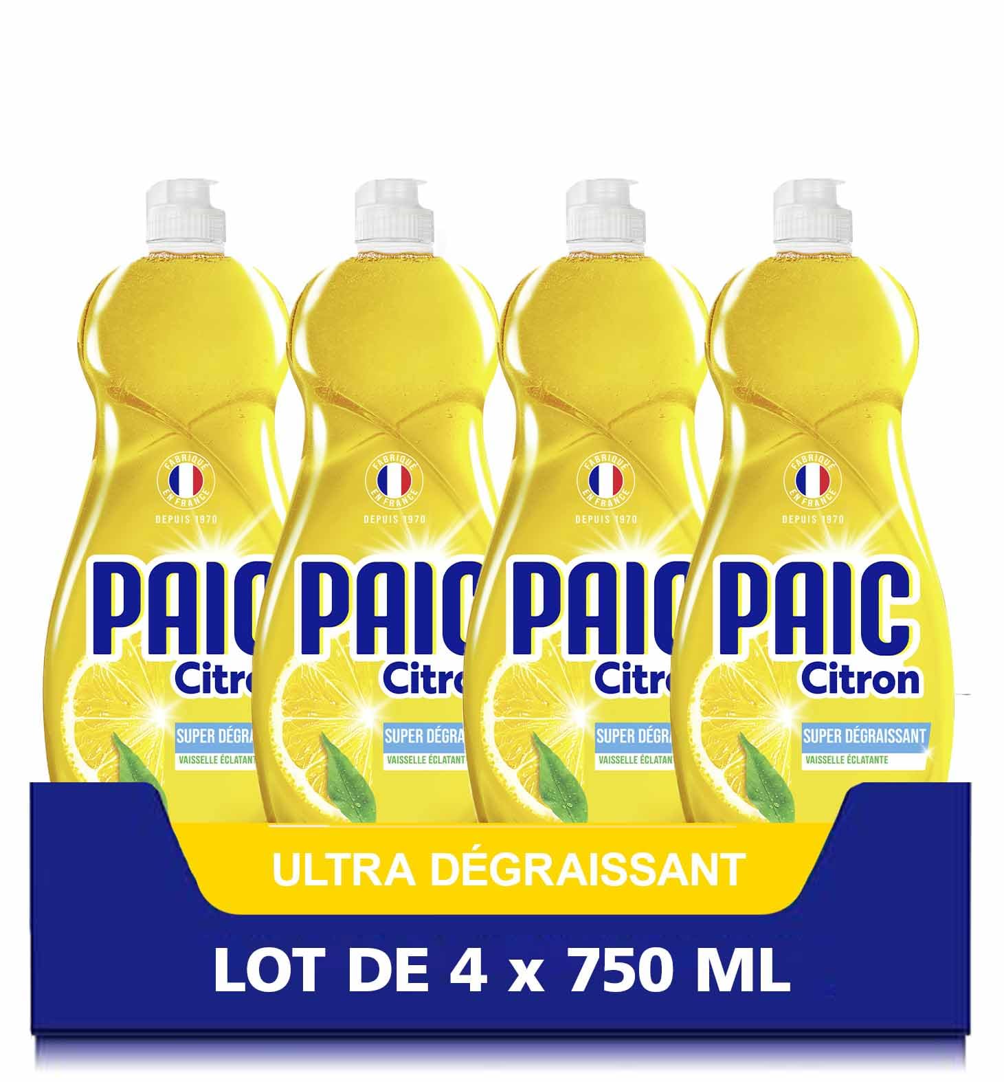 PAIC - Liquide Vaisselle éclat citron - Super dégraissant - Nettoie - Dégraisse - Elimine les mauvaises odeurs - Lot de 4 x 750 ml