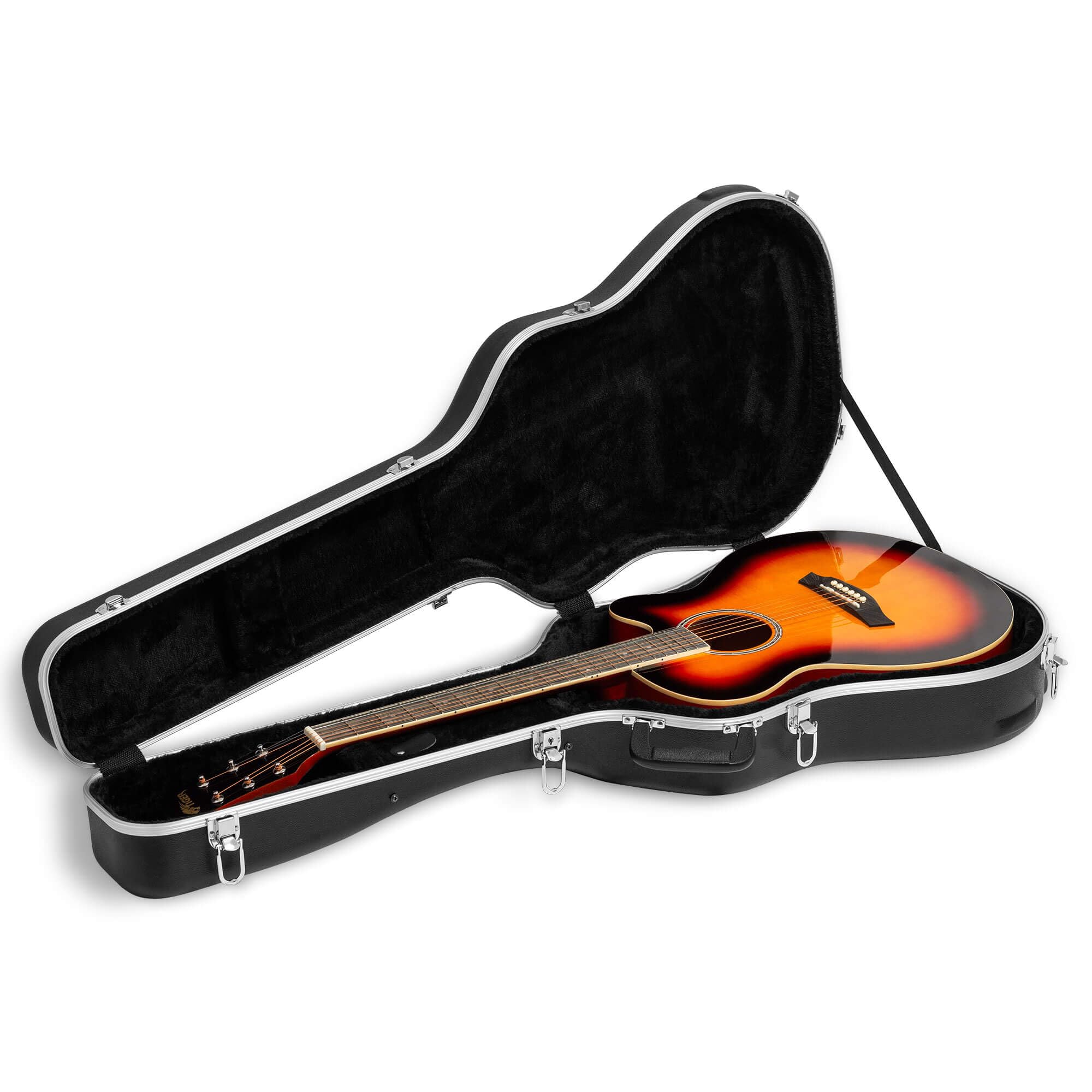 Tiger Custodia rigida per chitarra acustica, guscio in ABS, interno in peluche, scomparto per accessori, chiusure con serratura a chiave, manico rinforzato, resistente alle intemperie, adatta alla