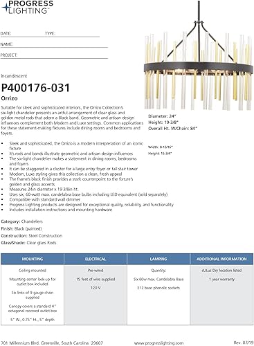 Miniatura 19 de Progress Lighting Orrizo Collection - Lámpara de araña de cristal transparente de 6 luces, color negro mate