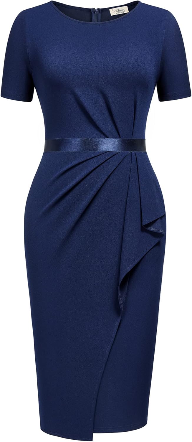 AISIZE Women's Retro Crew Neck Ruffle Ruched Flattering Business Sheath Dress - Image 3