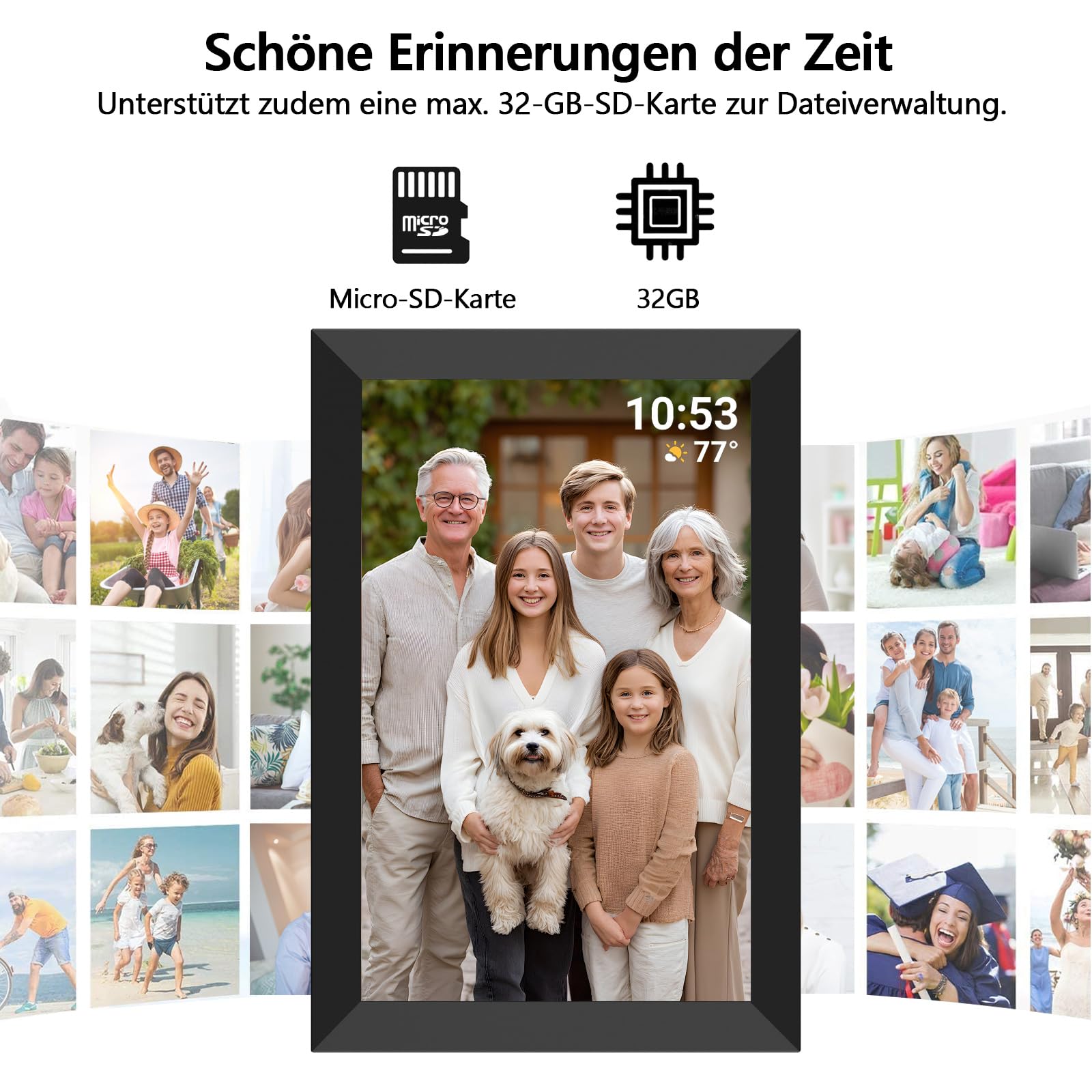 Frameo Cadre photo numérique WiFi 10,1", écran tactile HD IPS, mémoire de 32 Go, rotation automatique, montage mural, configuration facile pour partager des photos et des vidéos via l'application