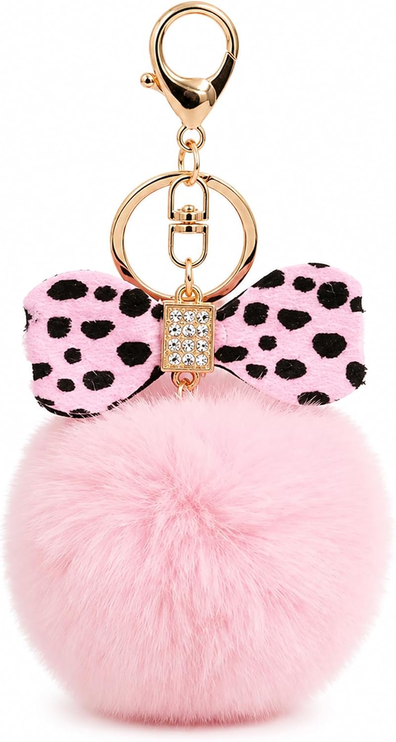 Faux Rabbit Fur Plush Pom Pom Bow Keychain for Women, Bow Bag Charm