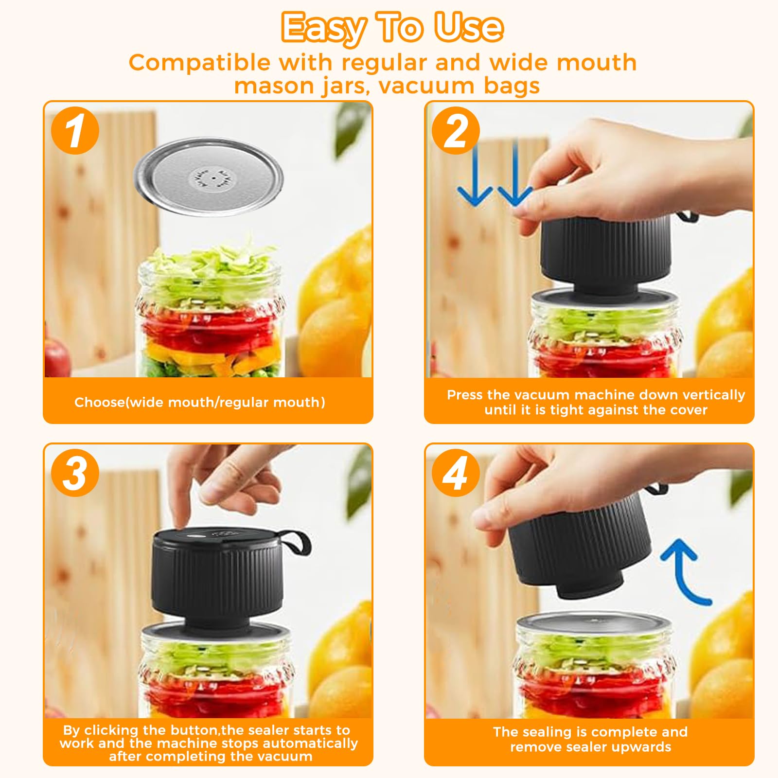 Vakuumierer für Gläser, 3-in-1 Vacuum Sealer für Einmachgläser mit Automatik-Stopp, Vakuumiergerät mit 2 Vakuumierbeuteln, 20 Deckeln und Dosenöffner, Wiederaufladbar, Schwarz