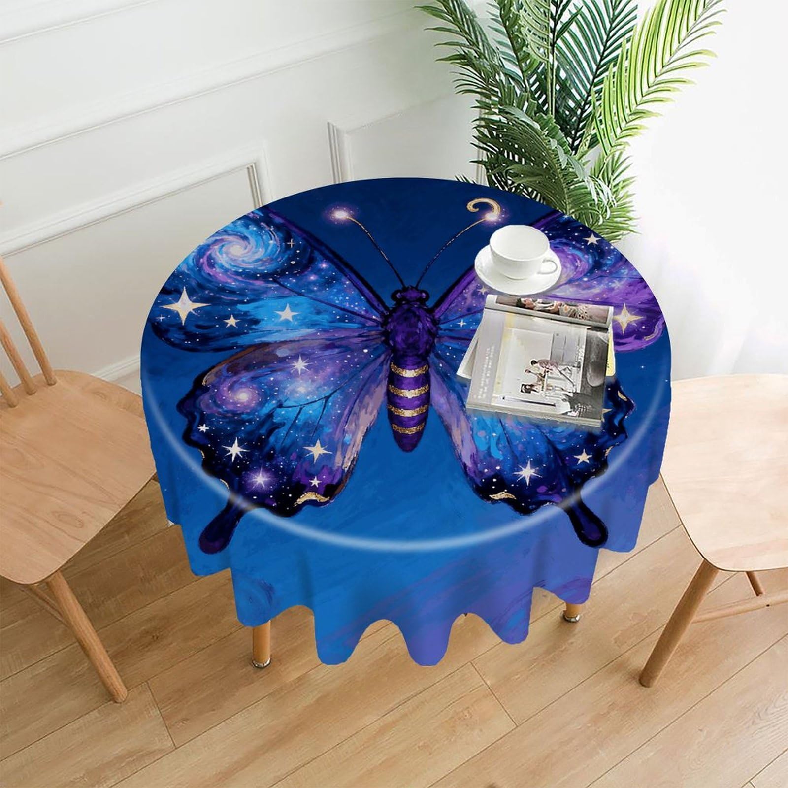 LDGSUPH Galaxy Butterfly Round Tablecloth Cover Washable Luxurious Fabric Table Cover Decor Wrinkle Free Fashion Round Table Cloth for Home Dining Kitchen Party 60 in