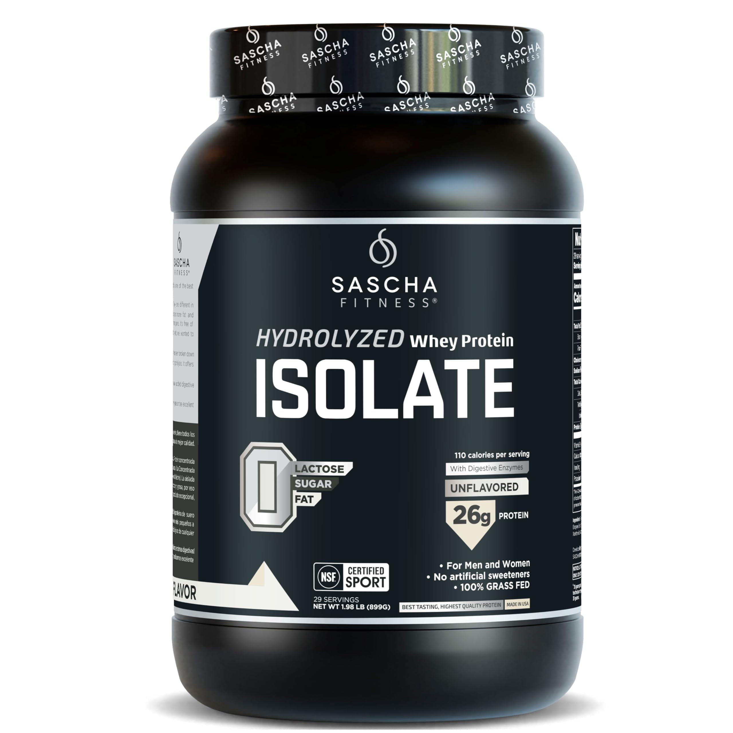 SASCHA FITNESS Hydrolyzed Whey Protein Isolate,100% Grass-Fed (2 Pounds, All) (Unflavored)