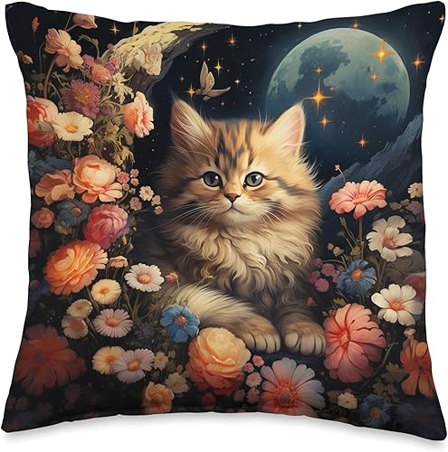 Lindo gato floral jardín flores celestial luna creciente estrellas manta almohada 16 x 16 pulgadas, multicolor disponible en Yaxa Costa Rica