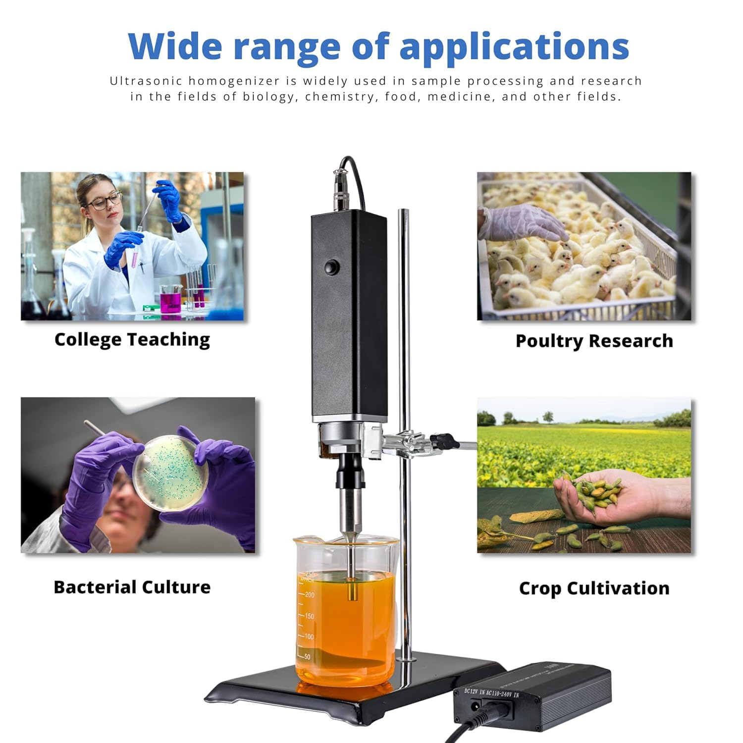 Handheld-Ultraschall-Homogenisator, 500 W, mit Ständer und 6-mm-Sonde, tragbarer Emulgator-Schallgerät-Prozessor-Mixer für Flüssigkeitsmischung und Dispersion