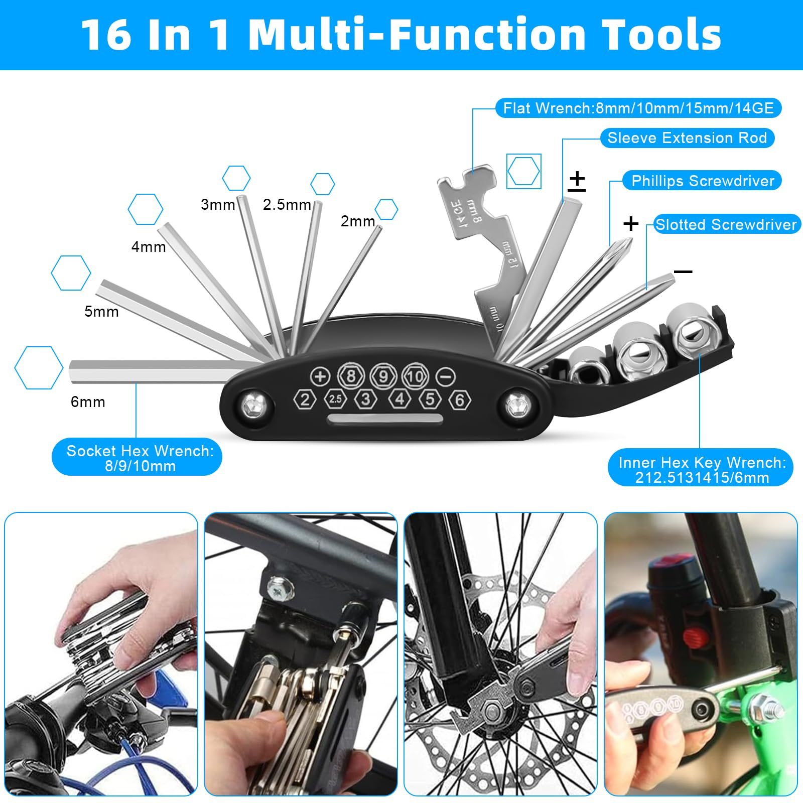 40 PCS Kit Riparazione Bici, 16 in 1 Kit di Attrezzi per la Riparazione di Biciclette e Pompa con Pneumatici di Biciclette, Toppe Portatili, Kit Riparazione Gomme per Biciclette da Strada