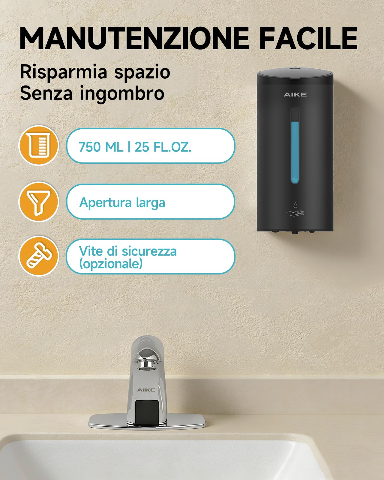 AIKE Dispensatore Automatico Sapone Classico,finitura Acciaio Inossidabile | Grande Capacità Da 740ML, Regolazione A Cinque Livelli, Distributore Di Sapone Liquido Impermeabile, Adatto Per Commerciale