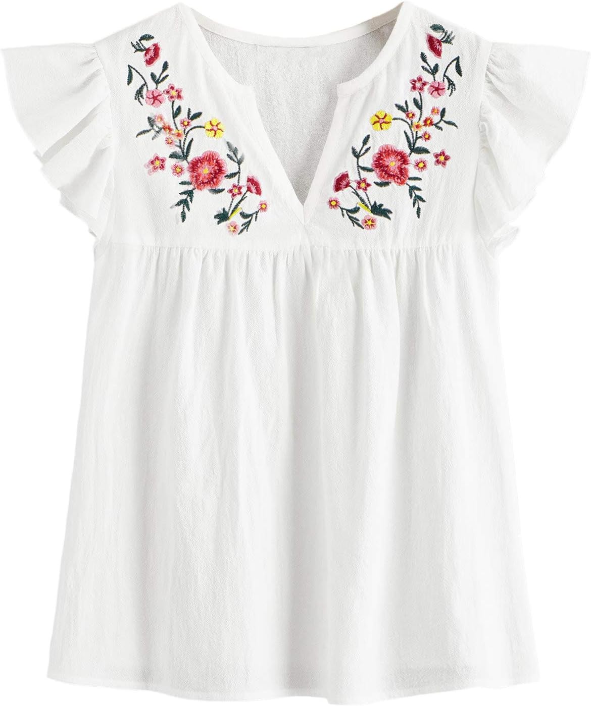 Floerns Women’s Floral Embroidered V Neck Ruffle Cap Sleeve Peplum Blouse Top Floerns Women’s Floral Embroidered V Neck Ruffle Cap Sleeve Peplum Blouse Top