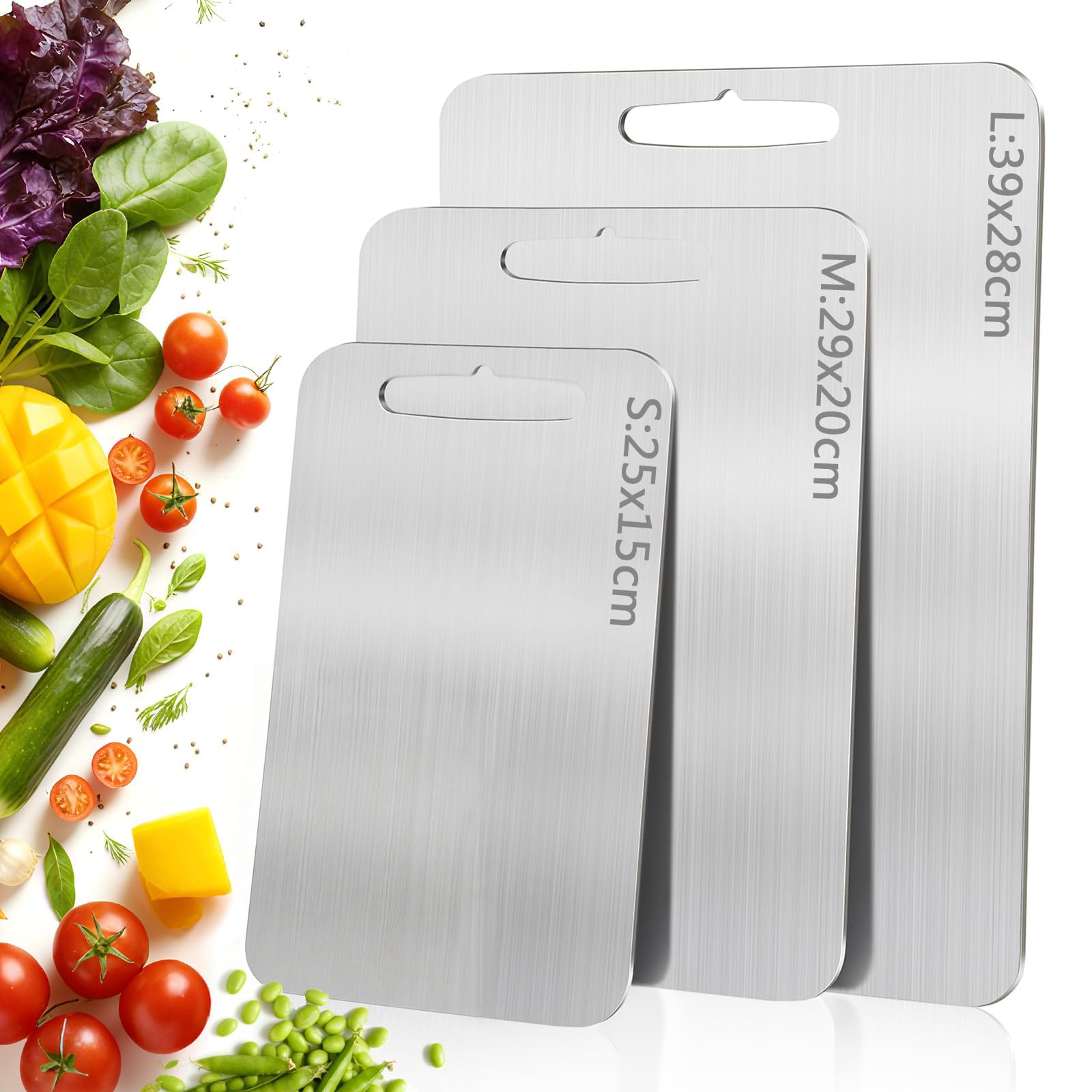 3 Pezzi Tagliere Acciaio Inox, Tagliere in Titanio per Cucina, Doppio Lato Igienico e Resistente, Ideale per Carne, Frutta e Verdura in Cucina