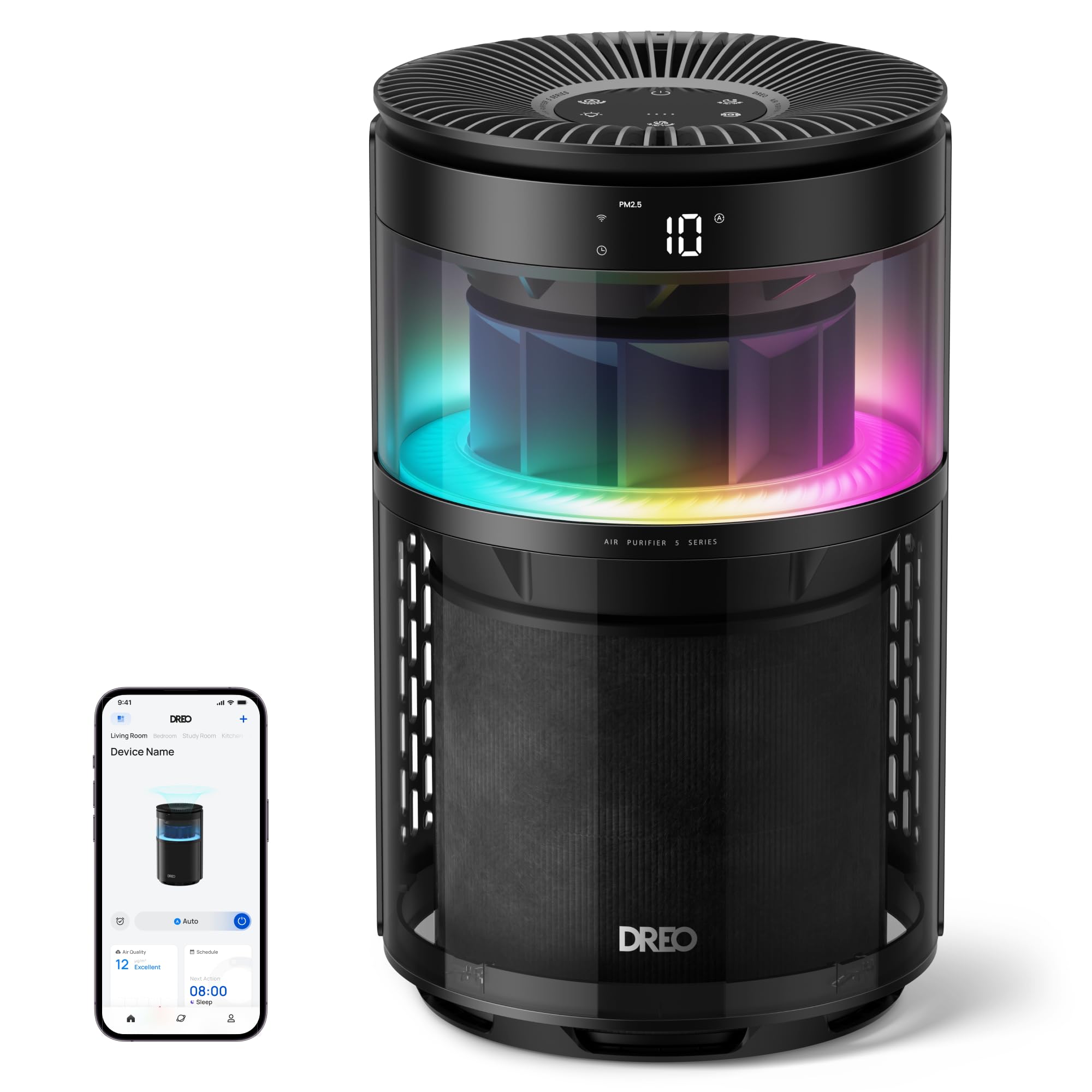 DREO Smart Air Purifier With RGBIC Light,Home Air Cleaner with Wi-Fi/Voice/Alexa, 4 Speeds &amp; Auto/Turbo/HEPA Sleep Modes for Smoke, Dust, Pollen, Odor, PM2.5 Monitor, DREO 530S, DR-HAP010S Black