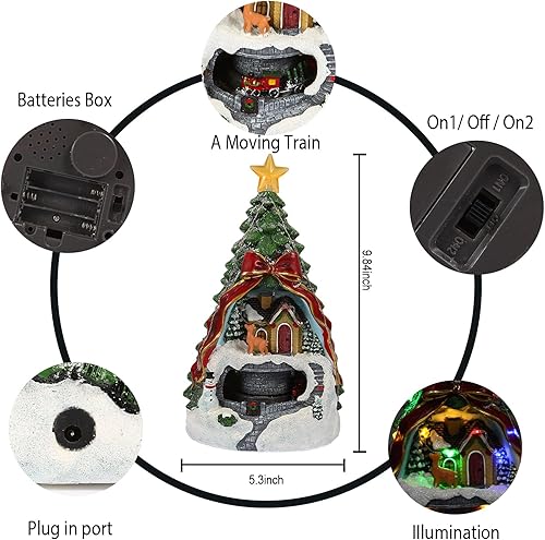 Miniatura 7 de Decoración de árbol de Navidad, pueblo nevado, edificios coleccionables, figuras de casa de pueblo de Navidad, decoración de tren en movimiento,