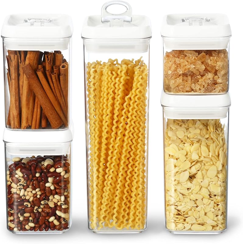 Flip Tite Storage Container with Lid 4" Airtight Ring Seal Top, Stackable Acrylic Canister Jar Set for Kitchen Pantry Organizer, Food Spice Pasta Snack (5pk, Variety)