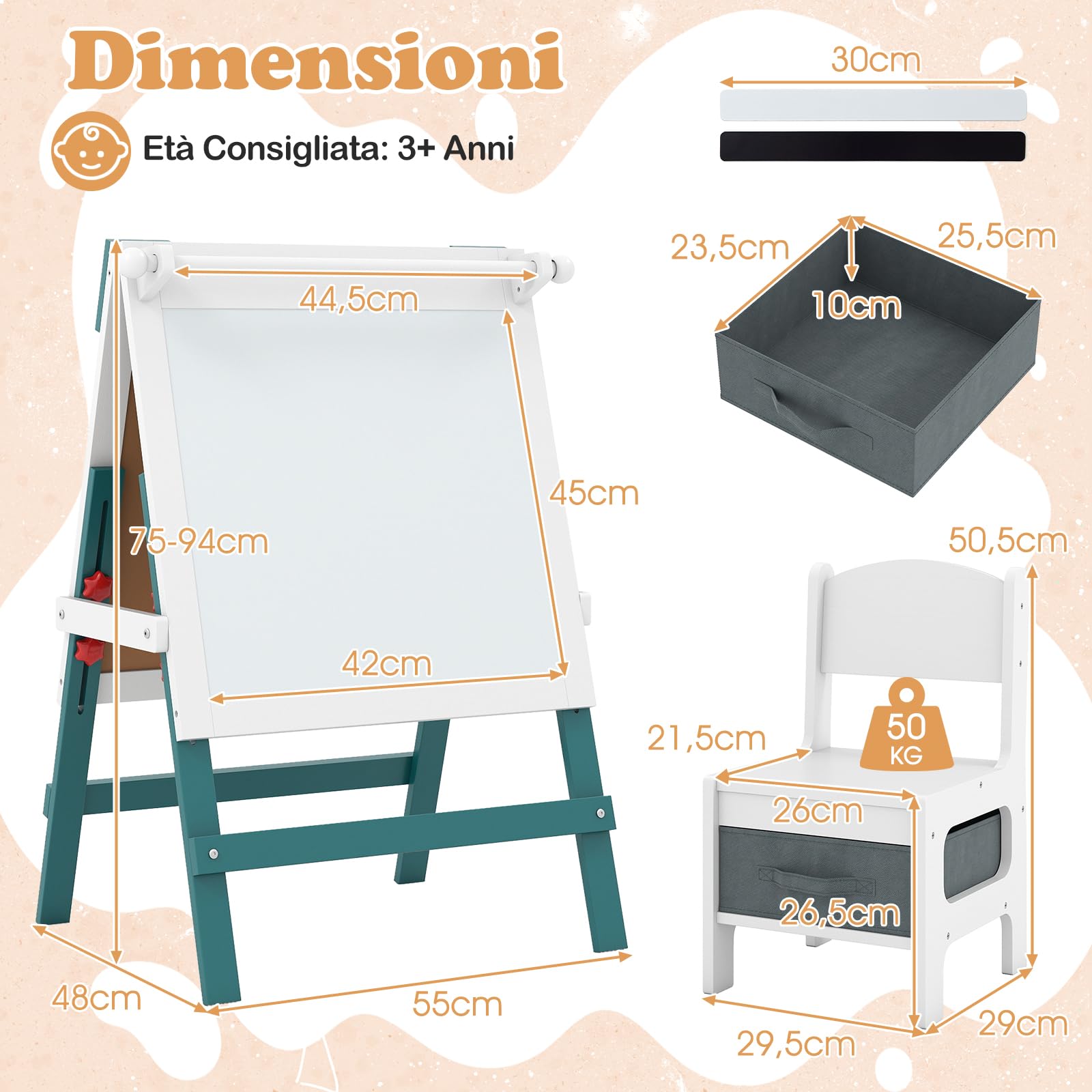 RELAX4LIFE 3 in 1 Lavagna Bambini in Legno, Cavalletto Artistico Bifacciale con Porta Rotoli, Altezza Regolabile e Barre Magnetiche. Include Sedia e Cestino per 3+ Anni (Bianco+Verde)