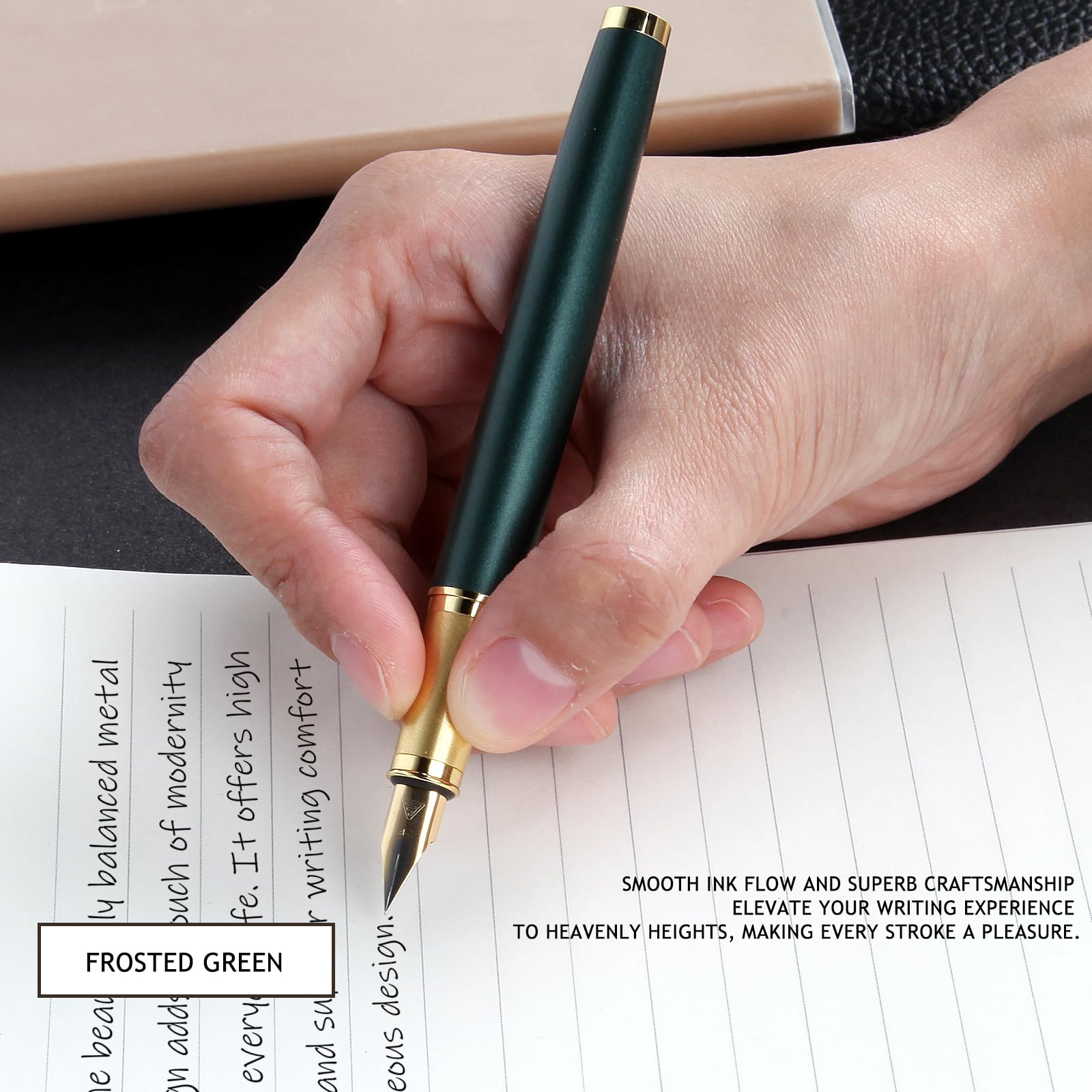 Zalantan Luxury Fountain Pen - Fine Point Smooth Writing Pen with Gift Case, 10 Black Ink Cartridges and Ink Converter (Matte Green) - Image 3