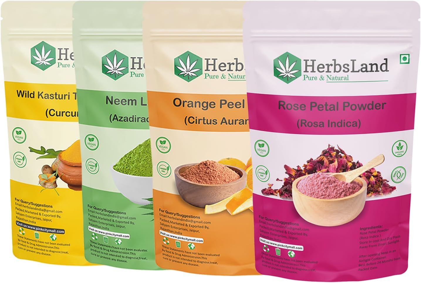 HerbsLand ® Pure Organic Wild Kasturi Turmeric, Neem Leaf, Orange Peel and Rose Petal Powder for Fairness and Skin Whitening (100gm Each - 400 gm)