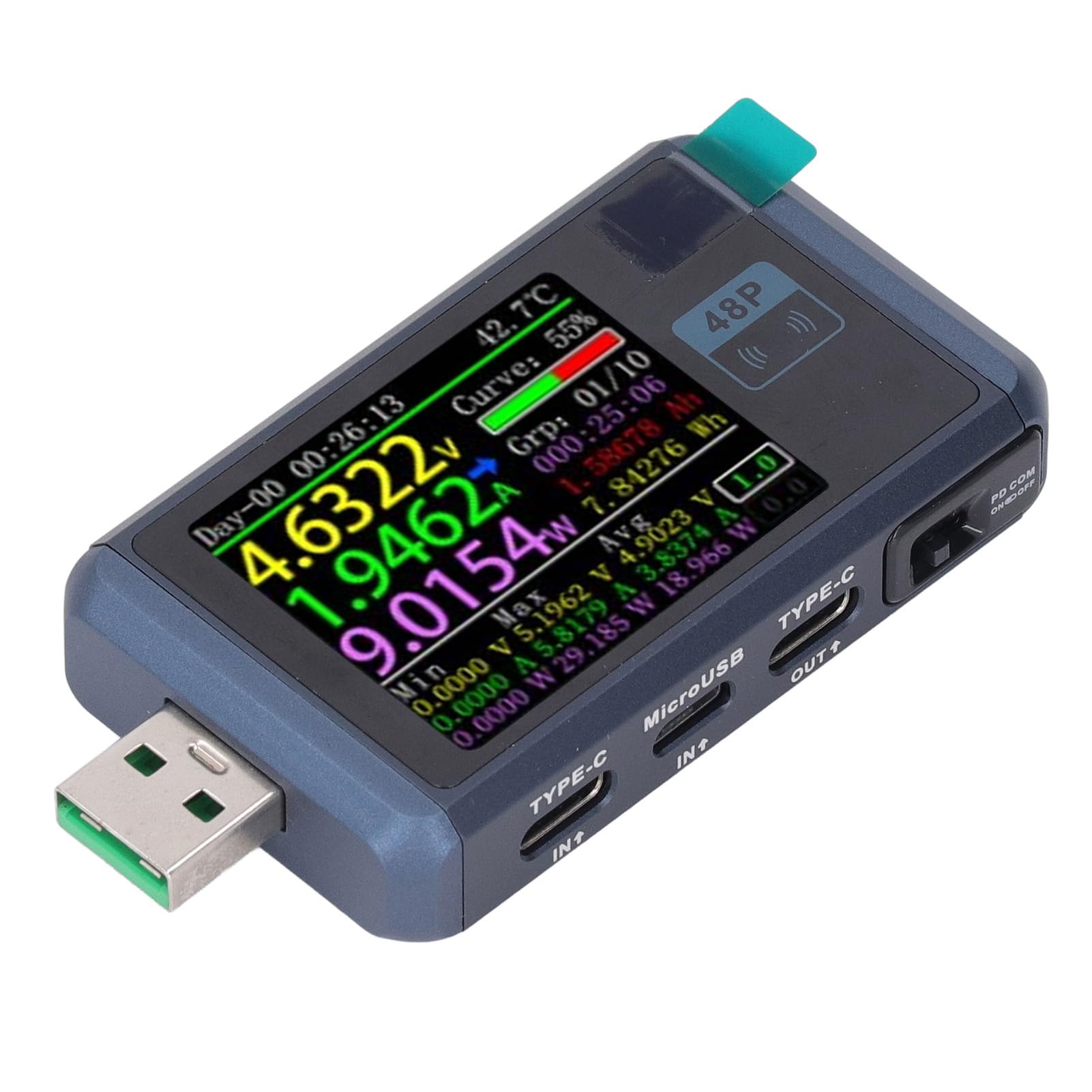 FTVOGUE USB-Tester, Metallkonstruktion, 1,77-Zoll-Vollfarb-TFT-LCD-Bildschirm, Spannungs-Strommessung, USB-A-C-Mikroschnittstellenkompatibilität für Schnellladebenutzer