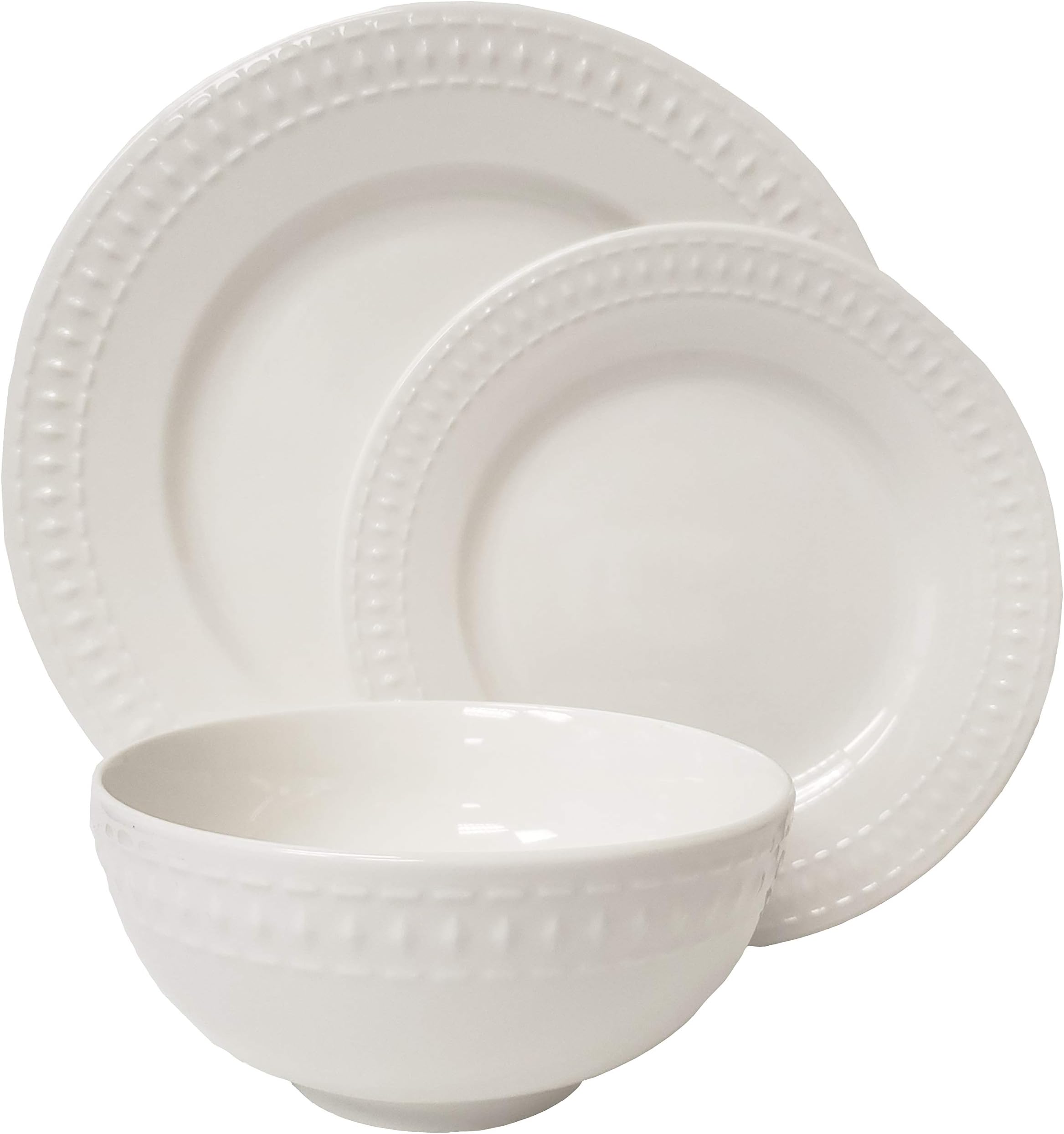 Tabletops Gallery Embossed White Porcelain Round Dinnerware - Bloom 12 Piece Dinnerware Set