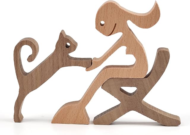 Jadyon Pet Lover Gift Wood Sculpture, Wooden Dog Cat Family Statue, Cute Puppy, Kitty, People Statue Sculpture OrnamentHand-Carved Figure Craft Art for Home, Office, Living Room (Woman and Cat)