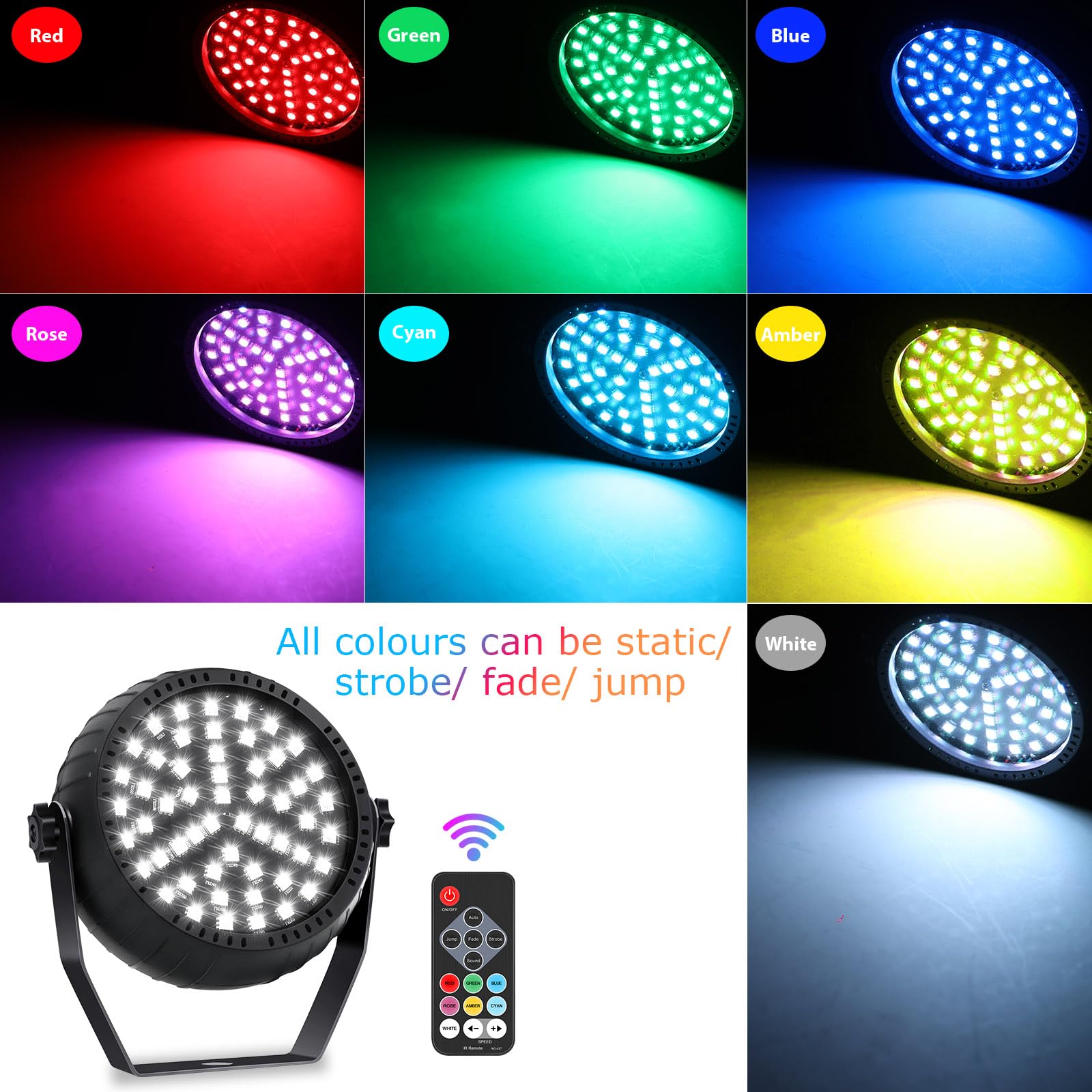 Telbum Luz estroboscópica recargable, funciona con pilas, RGB 54 LED, estroboscópico con mando a distancia, luz estroboscópica para Halloween, sonido activado, luces de fiesta, para DJ, Navidad, boda,