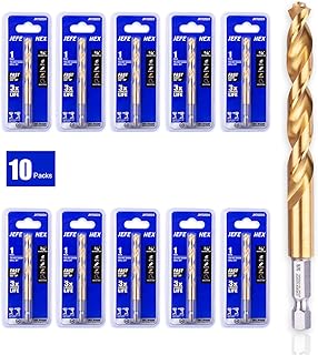 JEFE HEX 10 Pcs 3/8"(Pack of 1, 10 Pack, Total 10) Inch Hex Shank with Titanium Coating Twist Drill Bits, 135 Degree Easy Cut Split Point for Steel, Copper, Aluminum, Zinc Alloy, Wood