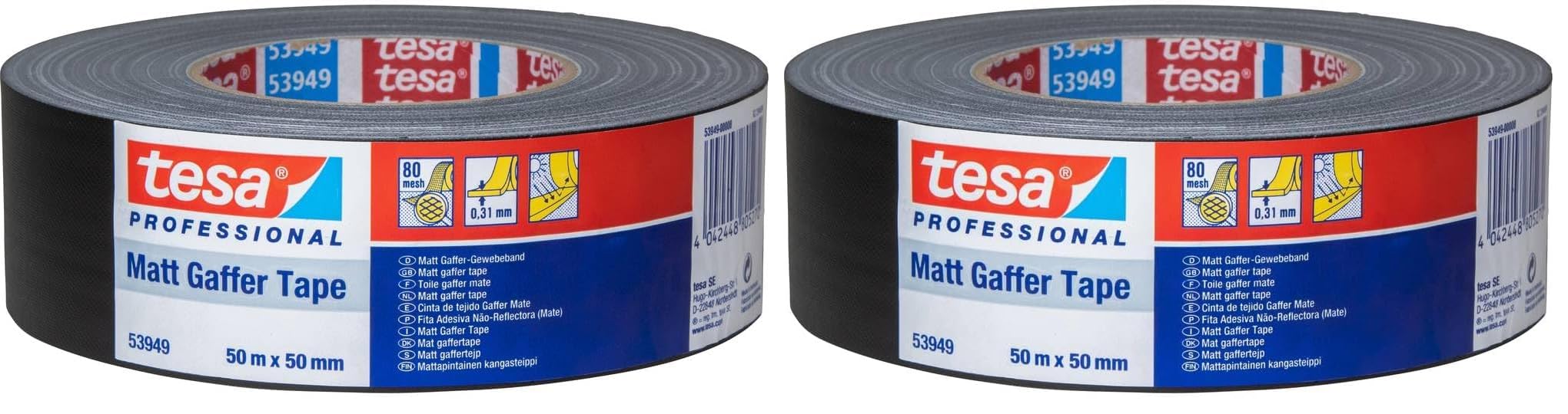 tesa® Reg Gaffer-Klebeband 50 m x 50 mm, schwarz (matt) (Packung mit 2)