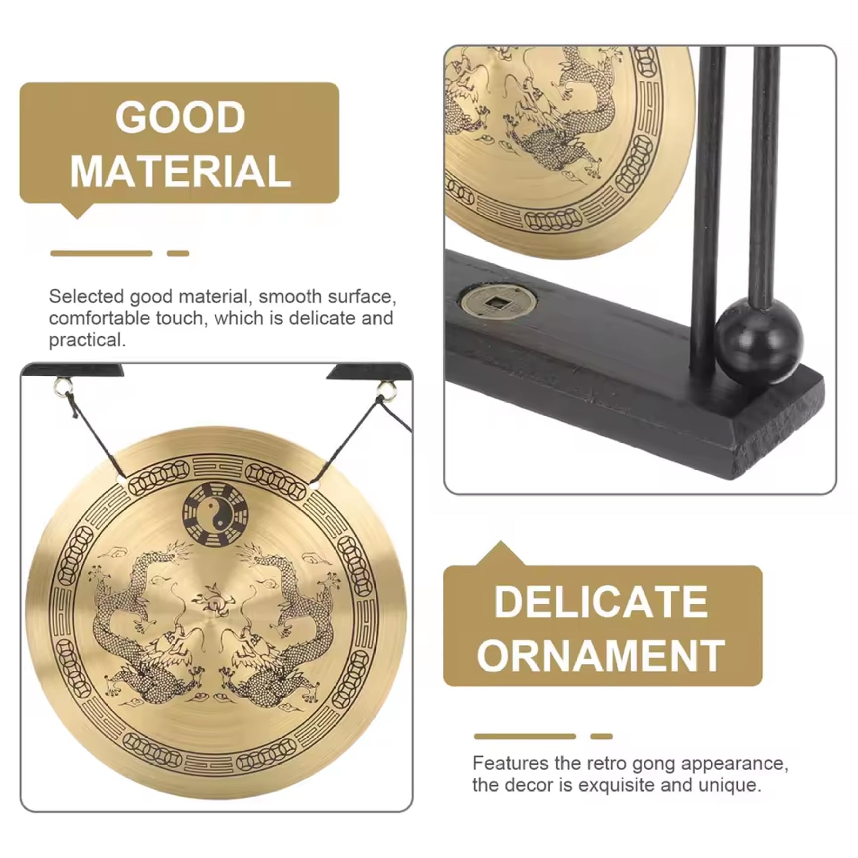 Gong de escritorio 7, 87 x 7, 28 x 1, 89 pequeño adorno de gong Feng Shui de latón con soporte, decoración Zen creativa para el hogar, oficina, dormitorio, entrada, espacio de meditación
